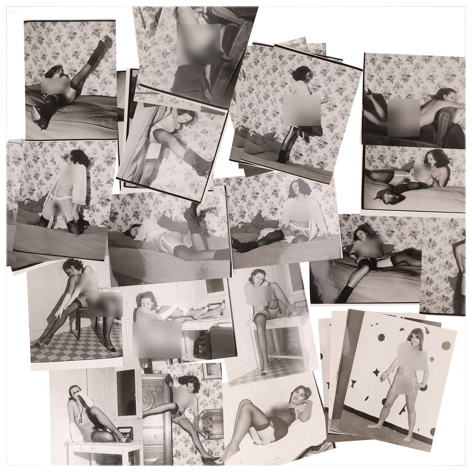 Erotica, étude de nu, photographies érotiques et divers. Circa 1950-60’s. Ensemble d’une trentaine de tirages argentiques. Exemples de sujets : femmes nues, dénudées, sexe féminin, fessier, poitrine, ‘Scandinaves’, etc. Sur certains versos, annotations. Divers états (dont gondolements, plis et traces) et formats entiers moyens environ 24 x 18 cm.