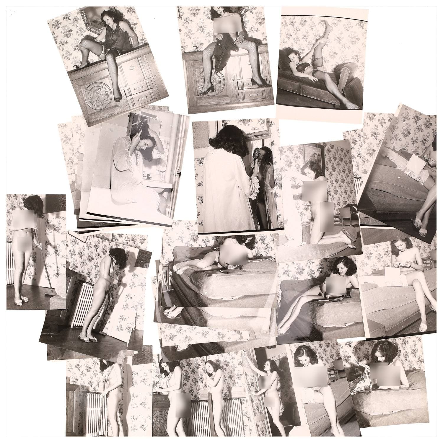 Erotica, étude de nu, photographies érotiques et divers. Circa 1950-60’s. Ensemble d’une trentaine de tirages argentiques. Exemples de sujets : femmes nues, dénudées, sexe féminin, fessier, poitrine, ‘Scandinaves’, etc. Sur certains versos, annotations. Divers états (dont gondolements, plis et traces) et formats entiers moyens environ 24 x 18 cm.