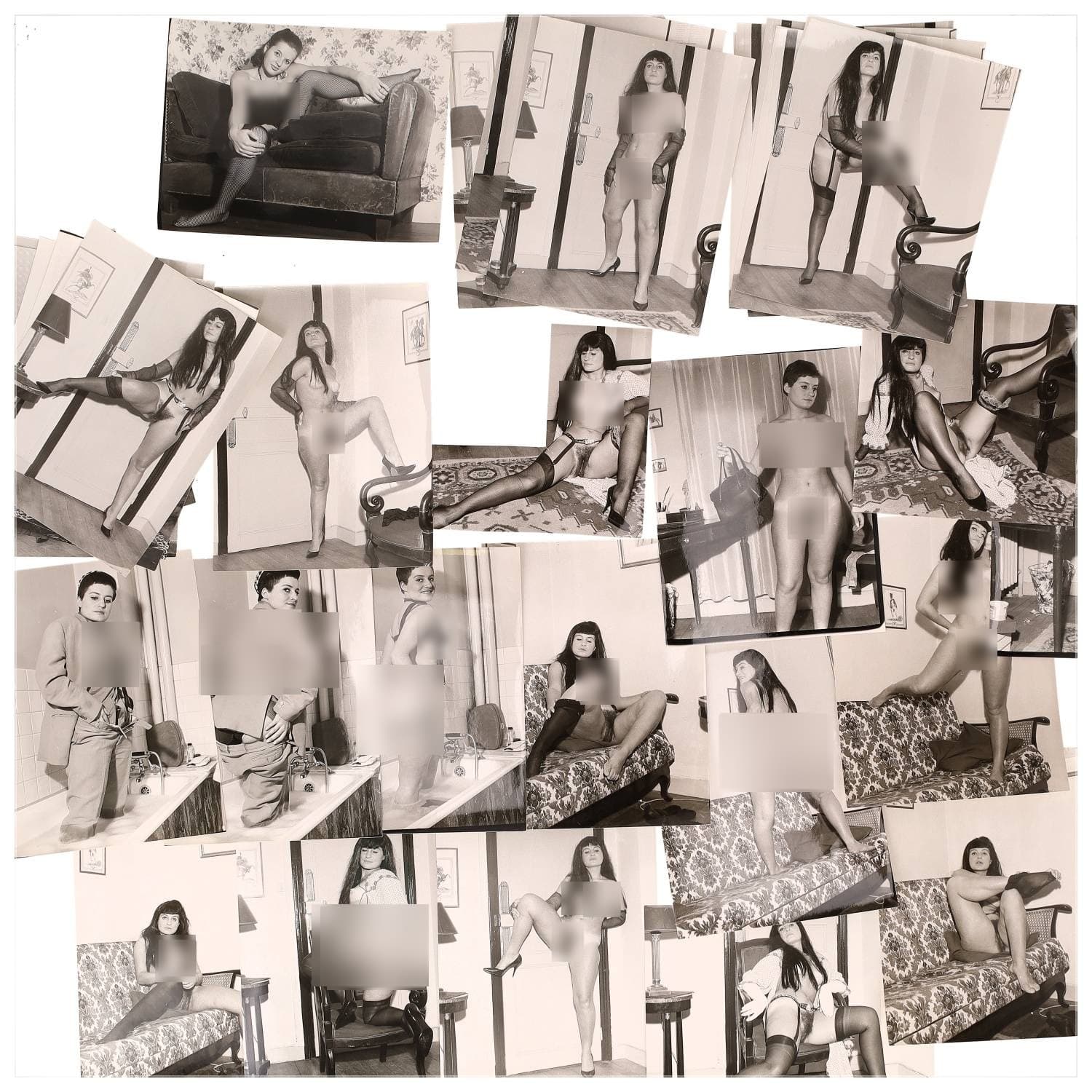Erotica, étude de nu, photographies érotiques et divers. Circa 1950-60’s. Ensemble d’une trentaine de tirages argentiques. Exemples de sujets : femmes nues, dénudées, sexe féminin, fessier, poitrine, ‘Scandinaves’, etc. Sur certains versos, annotations. Divers états (dont gondolements, plis et traces) et formats entiers moyens environ 24 x 18 cm.