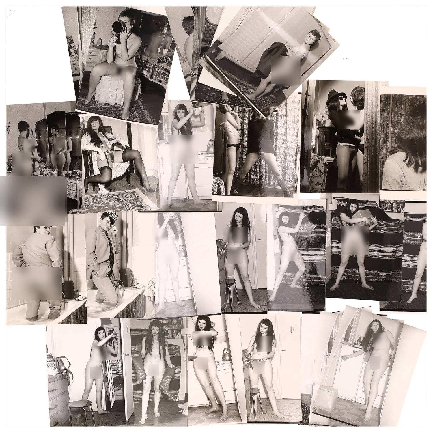 Erotica, étude de nu, photographies érotiques et divers. Circa 1950-60’s. Ensemble d’une trentaine de tirages argentiques. Exemples de sujets : femmes nues, dénudées, sexe féminin, fessier, poitrine, ‘Scandinaves’, etc. Sur certains versos, annotations. Divers états (dont gondolements, plis et traces) et formats entiers moyens environ 24 x 18 cm.