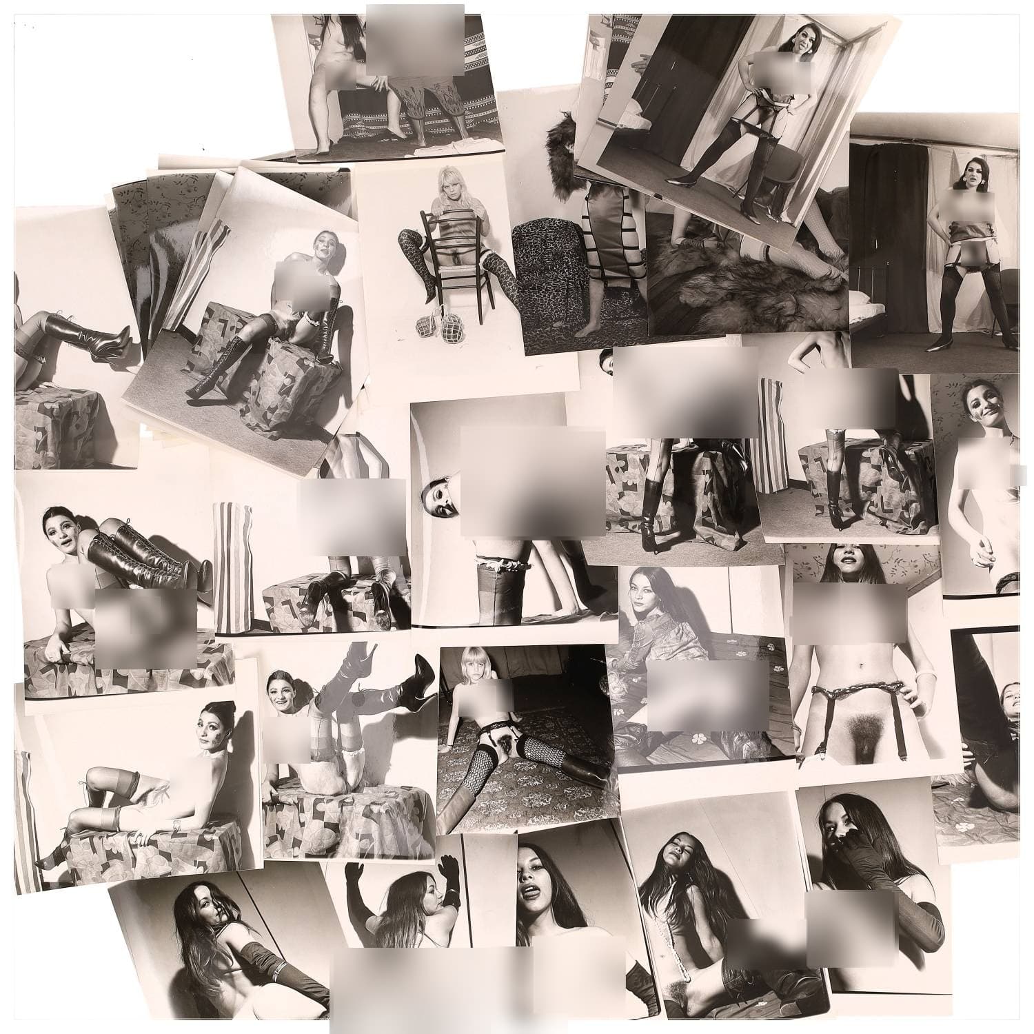 Erotica, étude de nu, photographies érotiques et divers. Circa 1950-60’s. Ensemble d’une trentaine de tirages argentiques. Exemples de sujets : femmes nues, dénudées, sexe féminin, fessier, poitrine, ‘Scandinaves’, etc. Sur certains versos, annotations. Divers états (dont gondolements, plis et traces) et formats entiers moyens environ 24 x 18 cm.