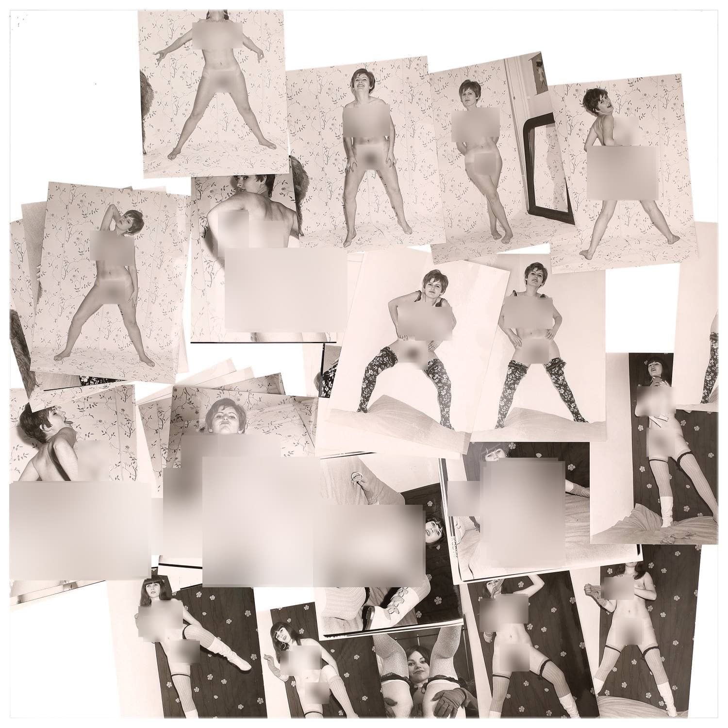 Erotica, étude de nu, photographies érotiques et divers. Circa 1950-60’s. Ensemble d’une trentaine de tirages argentiques. Exemples de sujets : femmes nues, dénudées, sexe féminin, fessier, poitrine, ‘Scandinaves’, etc. Sur certains versos, annotations. Divers états (dont gondolements, plis et traces) et formats entiers moyens environ 24 x 18 cm.