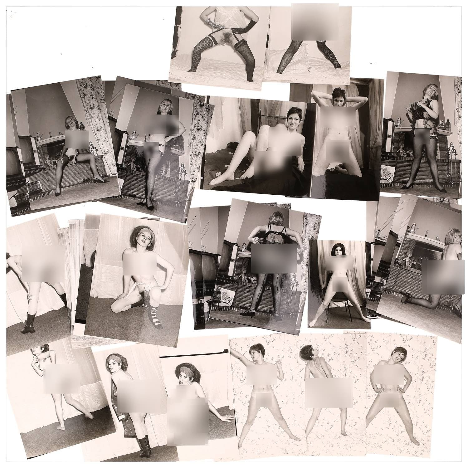 Erotica, étude de nu, photographies érotiques et divers. Circa 1950-60’s. Ensemble d’une trentaine de tirages argentiques. Exemples de sujets : femmes nues, dénudées, sexe féminin, fessier, poitrine, ‘Scandinaves’, etc. Sur certains versos, annotations. Divers états (dont gondolements, plis et traces) et formats entiers moyens environ 24 x 18 cm.
