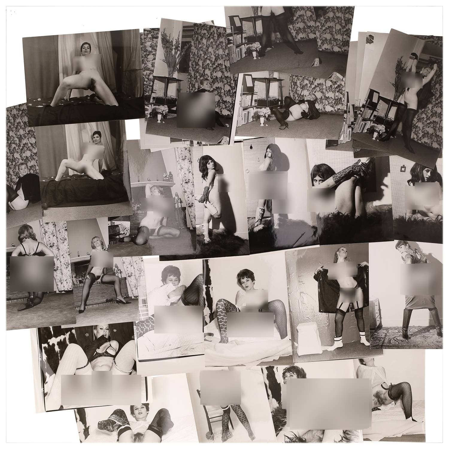 Erotica, étude de nu, photographies érotiques et divers. Circa 1950-60’s. Ensemble d’une trentaine de tirages argentiques. Exemples de sujets : femmes nues, dénudées, sexe féminin, fessier, poitrine, ‘Scandinaves’, etc. Sur certains versos, annotations. Divers états (dont gondolements, plis et traces) et formats entiers moyens environ 24 x 18 cm.