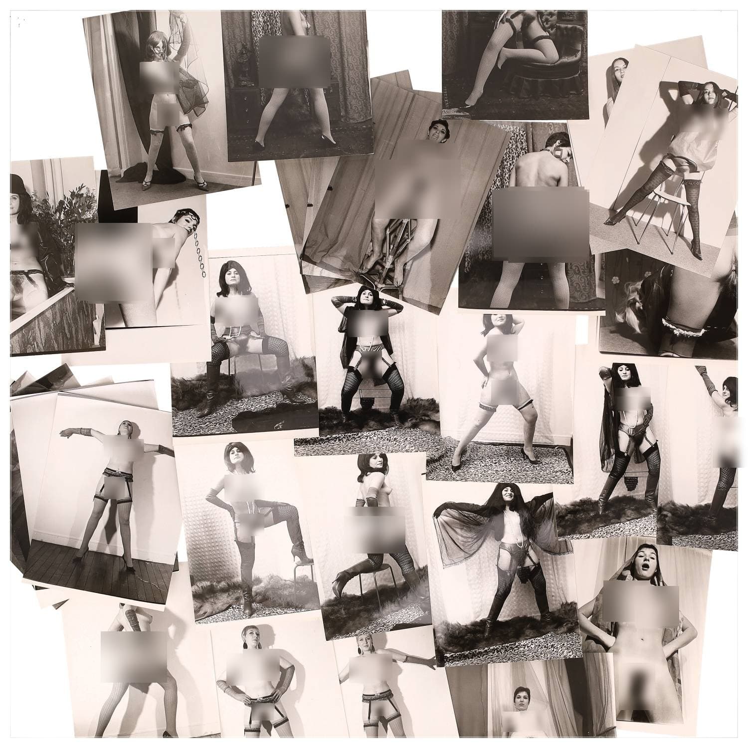 Erotica, étude de nu, photographies érotiques et divers. Circa 1950-60’s. Ensemble d’une trentaine de tirages argentiques. Exemples de sujets : femmes nues, dénudées, sexe féminin, fessier, poitrine, ‘Scandinaves’, etc. Sur certains versos, annotations. Divers états (dont gondolements, plis et traces) et formats entiers moyens environ 24 x 18 cm.