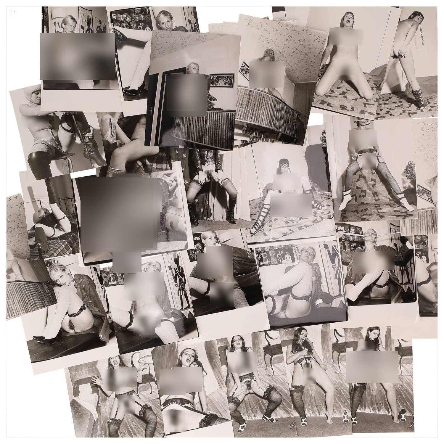 Erotica, étude de nu, photographies érotiques et divers. Circa 1950-60’s. Ensemble d’une trentaine de tirages argentiques. Exemples de sujets : femmes nues, dénudées, sexe féminin, fessier, poitrine, ‘Scandinaves’, etc. Sur certains versos, annotations. Divers états (dont gondolements, plis et traces) et formats entiers moyens environ 24 x 18 cm.