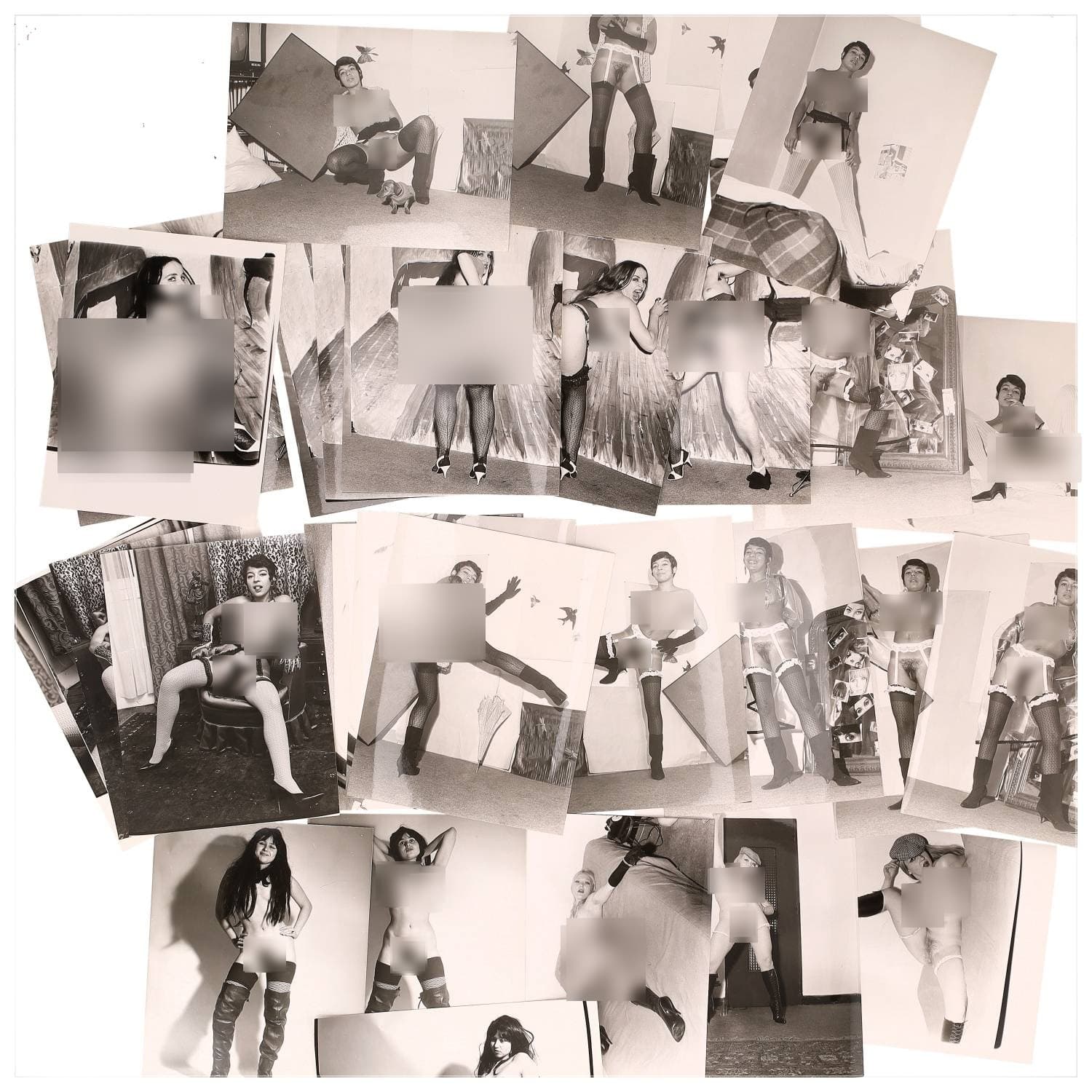 Erotica, étude de nu, photographies érotiques et divers. Circa 1950-60’s. Ensemble d’une trentaine de tirages argentiques. Exemples de sujets : femmes nues, dénudées, sexe féminin, fessier, poitrine, ‘Scandinaves’, etc. Sur certains versos, annotations. Divers états (dont gondolements, plis et traces) et formats entiers moyens environ 24 x 18 cm.