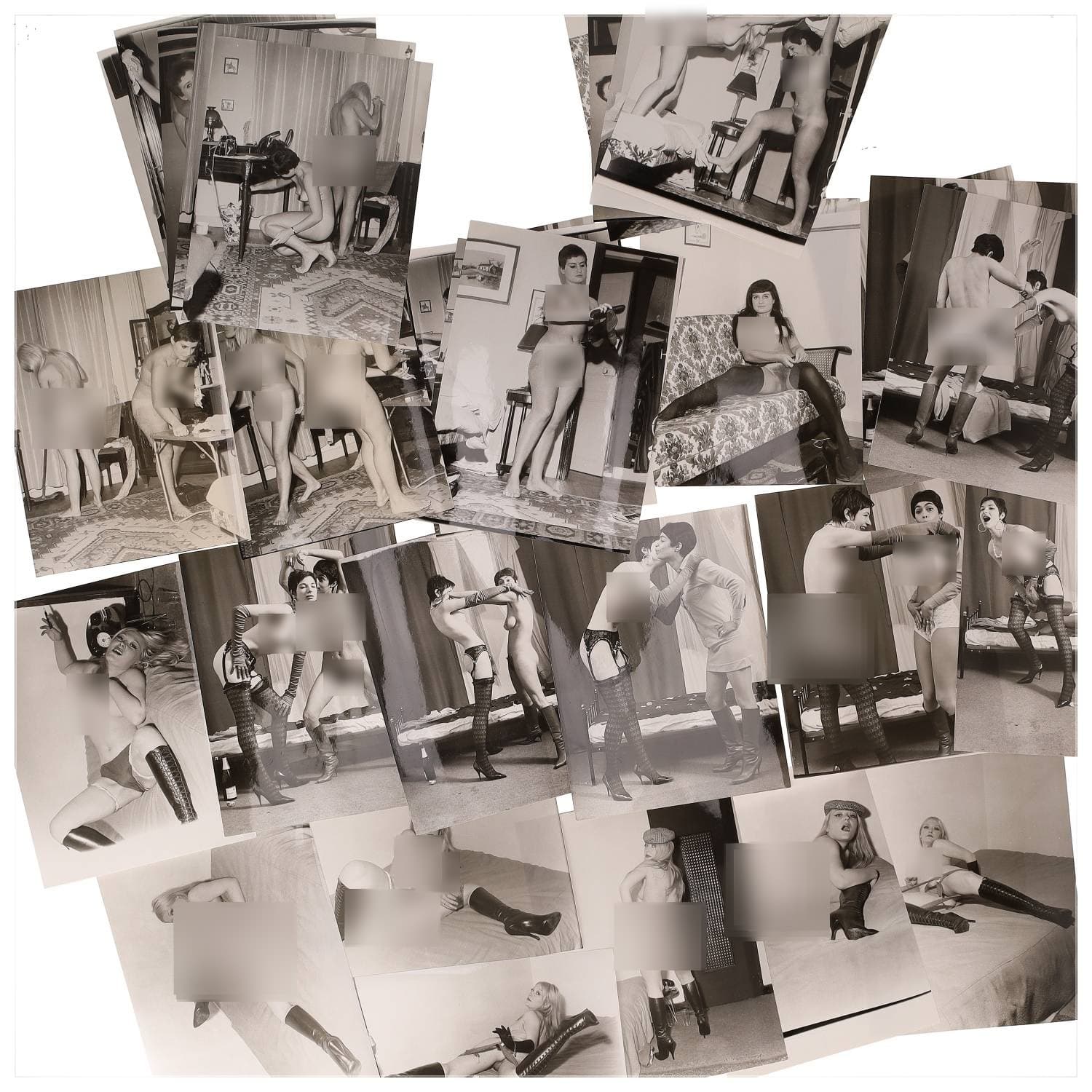 Erotica, étude de nu, photographies érotiques et divers. Circa 1950-60’s. Ensemble d’une trentaine de tirages argentiques. Exemples de sujets : femmes nues, dénudées, sexe féminin, fessier, poitrine, ‘Scandinaves’, etc. Sur certains versos, annotations. Divers états (dont gondolements, plis et traces) et formats entiers moyens environ 24 x 18 cm.