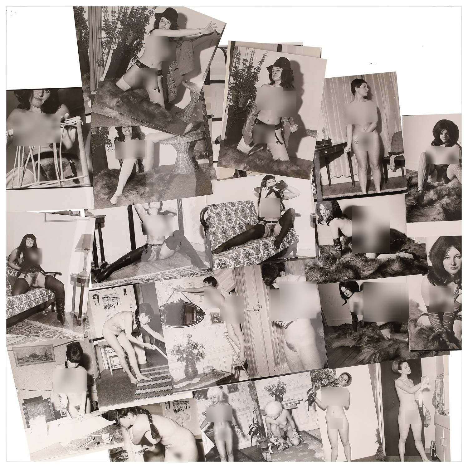 Erotica, étude de nu, photographies érotiques et divers. Circa 1950-60’s. Ensemble d’une trentaine de tirages argentiques. Exemples de sujets : femmes nues, dénudées, sexe féminin, fessier, poitrine, ‘Scandinaves’, etc. Sur certains versos, annotations. Divers états (dont gondolements, plis et traces) et formats entiers moyens environ 24 x 18 cm.