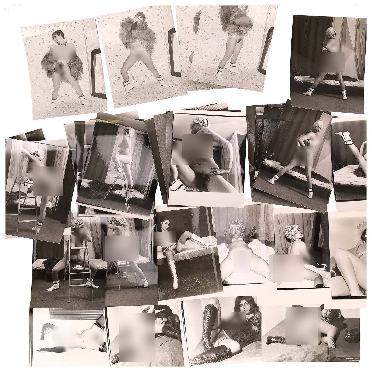 Erotica, étude de nu, photographies érotiques et divers. Circa 1950-60’s. Ensemble d’une trentaine de tirages argentiques. Exemples de sujets : femmes nues, dénudées, sexe féminin, fessier, poitrine, ‘Scandinaves’, etc. Sur certains versos, annotations. Divers états (dont gondolements, plis et traces) et formats entiers moyens environ 24 x 18 cm.