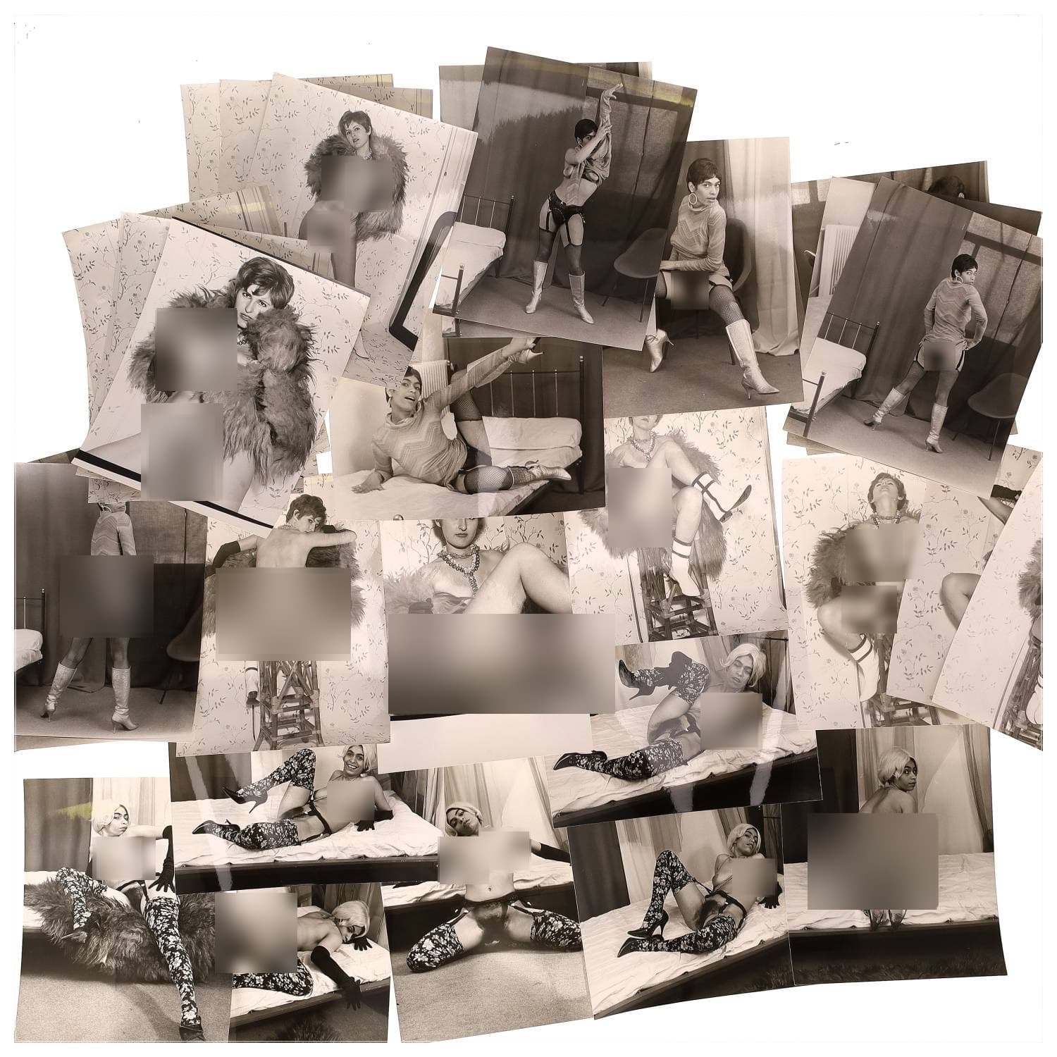 Erotica, étude de nu, photographies érotiques et divers. Circa 1950-60’s. Ensemble d’une trentaine de tirages argentiques. Exemples de sujets : femmes nues, dénudées, sexe féminin, fessier, poitrine, ‘Scandinaves’, etc. Sur certains versos, annotations. Divers états (dont gondolements, plis et traces) et formats entiers moyens environ 24 x 18 cm.