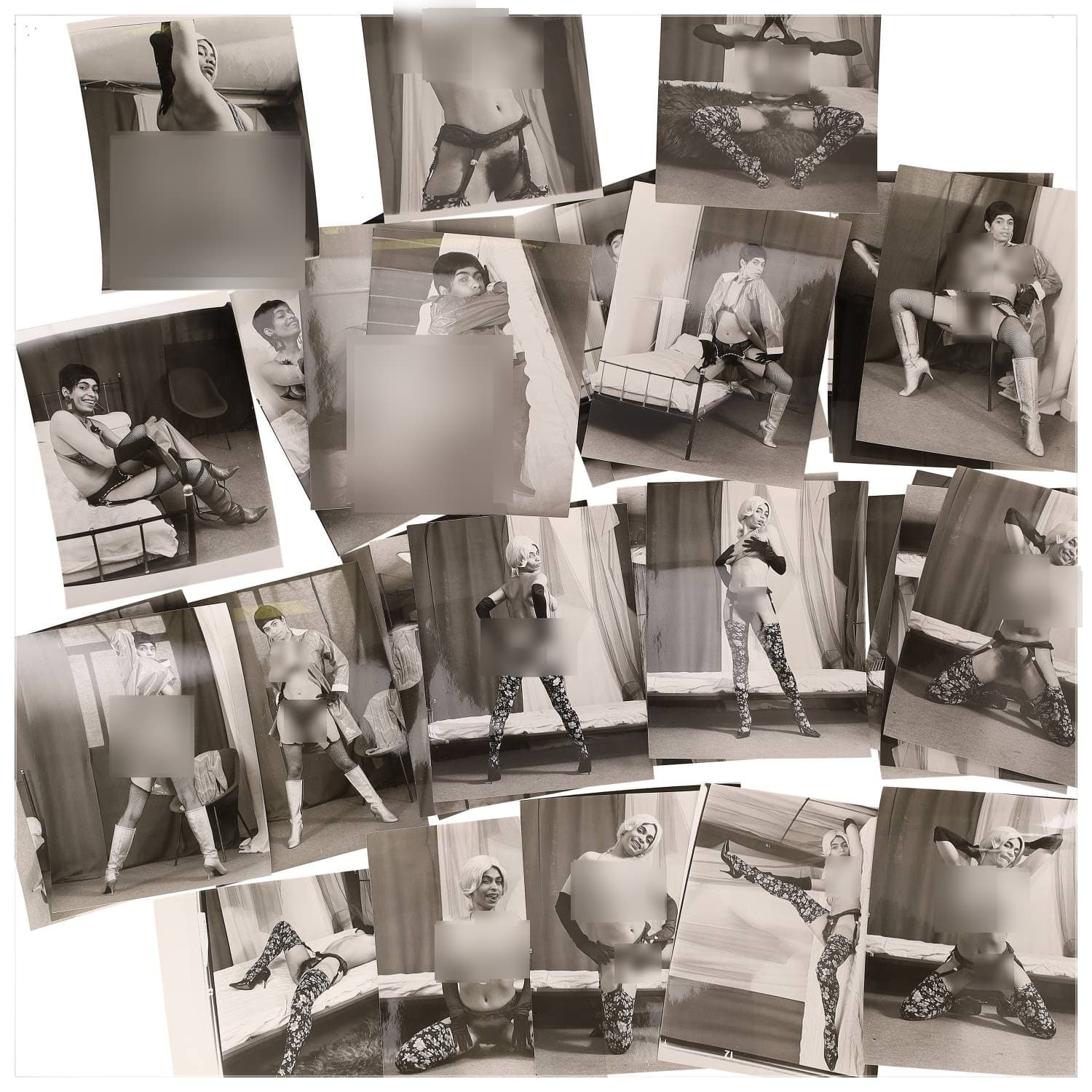Erotica, étude de nu, photographies érotiques et divers. Circa 1950-60’s. Ensemble d’une trentaine de tirages argentiques. Exemples de sujets : femmes nues, dénudées, sexe féminin, fessier, poitrine, ‘Scandinaves’, etc. Sur certains versos, annotations. Divers états (dont gondolements, plis et traces) et formats entiers moyens environ 24 x 18 cm.