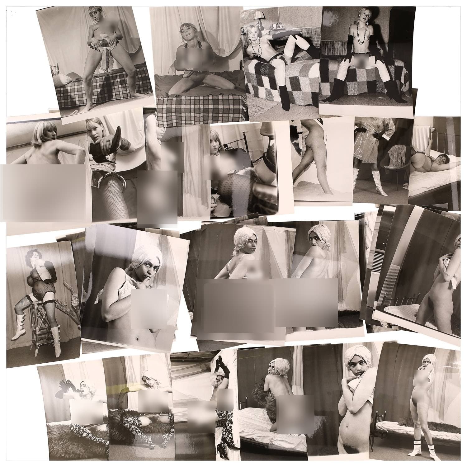 Erotica, étude de nu, photographies érotiques et divers. Circa 1950-60’s. Ensemble d’une trentaine de tirages argentiques. Exemples de sujets : femmes nues, dénudées, sexe féminin, fessier, poitrine, ‘Scandinaves’, etc. Sur certains versos, annotations. Divers états (dont gondolements, plis et traces) et formats entiers moyens environ 24 x 18 cm.