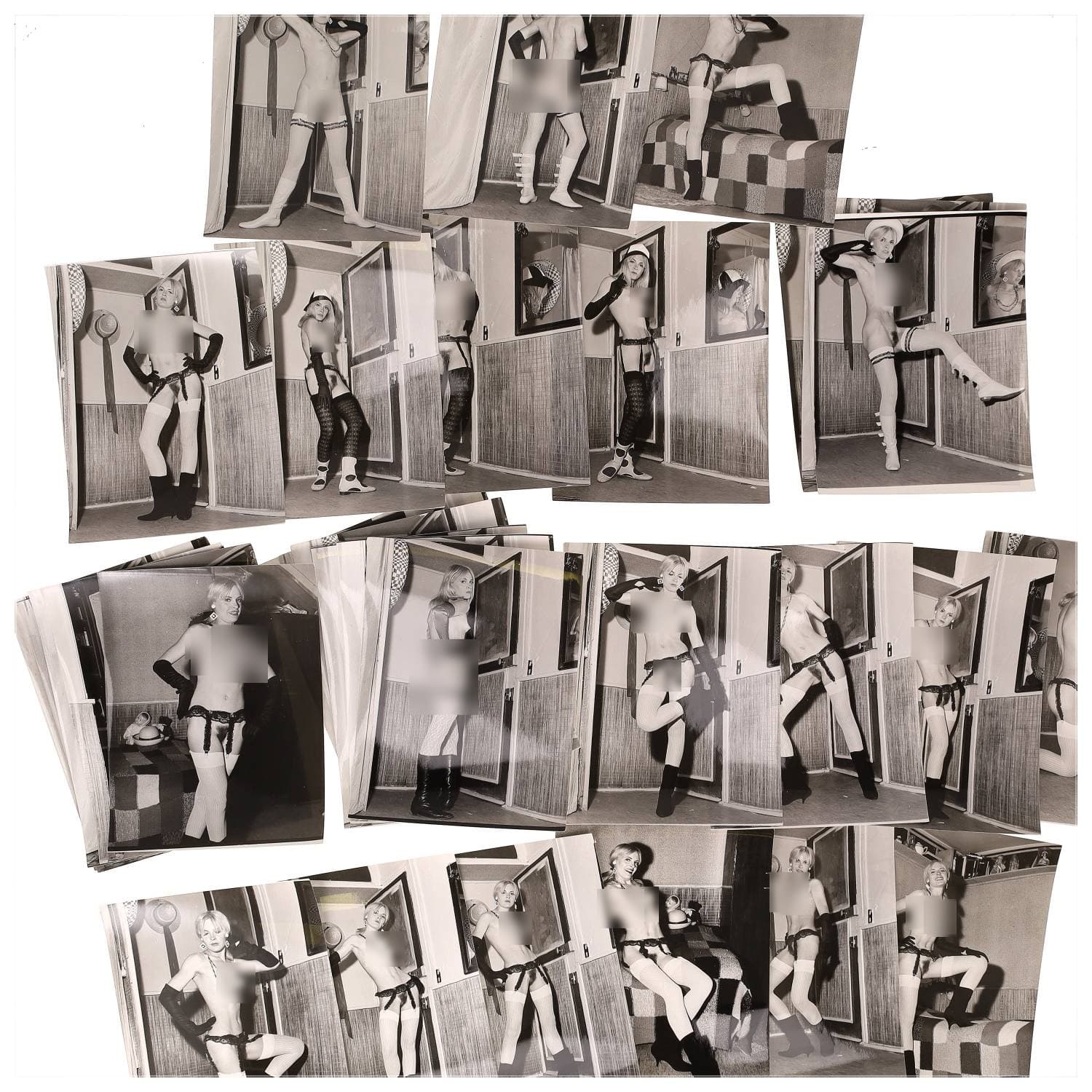 Erotica, étude de nu, photographies érotiques et divers. Circa 1950-60’s. Ensemble d’une trentaine de tirages argentiques. Exemples de sujets : femmes nues, dénudées, sexe féminin, fessier, poitrine, ‘Scandinaves’, etc. Sur certains versos, annotations. Divers états (dont gondolements, plis et traces) et formats entiers moyens environ 24 x 18 cm.