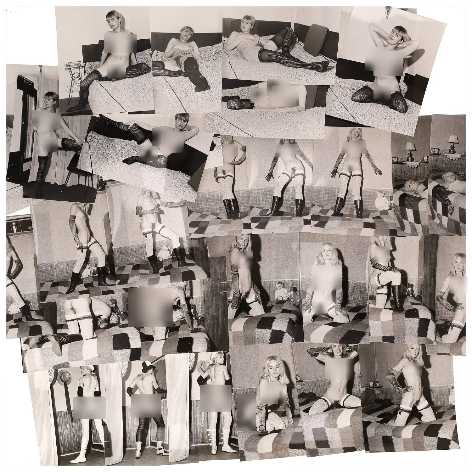 Erotica, étude de nu, photographies érotiques et divers. Circa 1950-60’s. Ensemble d’une trentaine de tirages argentiques. Exemples de sujets : femmes nues, dénudées, sexe féminin, fessier, poitrine, ‘Scandinaves’, etc. Sur certains versos, annotations. Divers états (dont gondolements, plis et traces) et formats entiers moyens environ 24 x 18 cm.