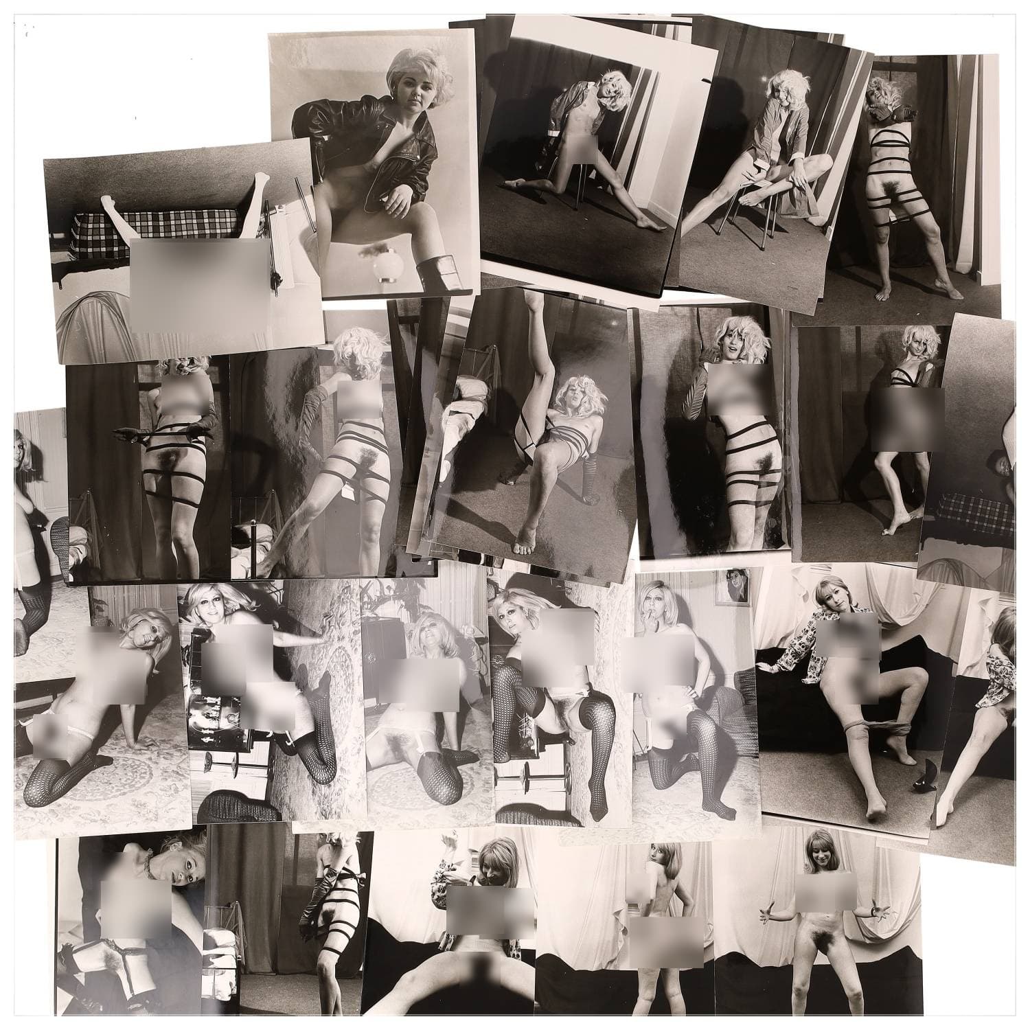 Erotica, étude de nu, photographies érotiques et divers. Circa 1950-60’s. Ensemble d’une trentaine de tirages argentiques. Exemples de sujets : femmes nues, dénudées, sexe féminin, fessier, poitrine, ‘Scandinaves’, etc. Sur certains versos, annotations. Divers états (dont gondolements, plis et traces) et formats entiers moyens environ 24 x 18 cm.