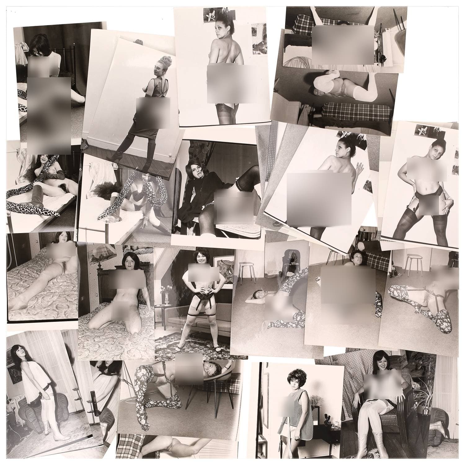 Erotica, étude de nu, photographies érotiques et divers. Circa 1950-60’s. Ensemble d’une trentaine de tirages argentiques. Exemples de sujets : femmes nues, dénudées, sexe féminin, fessier, poitrine, ‘Scandinaves’, etc. Sur certains versos, annotations. Divers états (dont gondolements, plis et traces) et formats entiers moyens environ 24 x 18 cm.