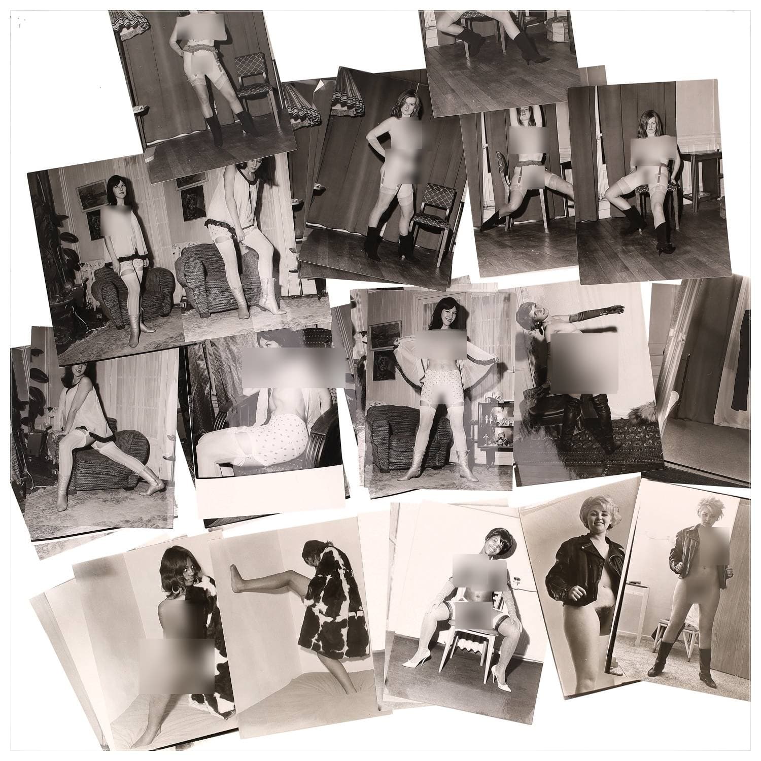 Erotica, étude de nu, photographies érotiques et divers. Circa 1950-60’s. Ensemble d’une trentaine de tirages argentiques. Exemples de sujets : femmes nues, dénudées, sexe féminin, fessier, poitrine, ‘Scandinaves’, etc. Sur certains versos, annotations. Divers états (dont gondolements, plis et traces) et formats entiers moyens environ 24 x 18 cm.