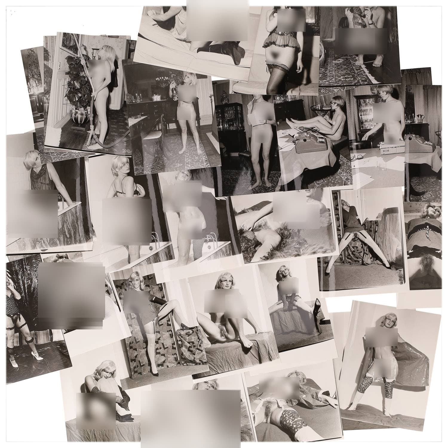 Erotica, étude de nu, photographies érotiques et divers. Circa 1950-60’s. Ensemble d’une trentaine de tirages argentiques. Exemples de sujets : femmes nues, dénudées, sexe féminin, fessier, poitrine, ‘Scandinaves’, etc. Sur certains versos, annotations. Divers états (dont gondolements, plis et traces) et formats entiers moyens environ 24 x 18 cm.