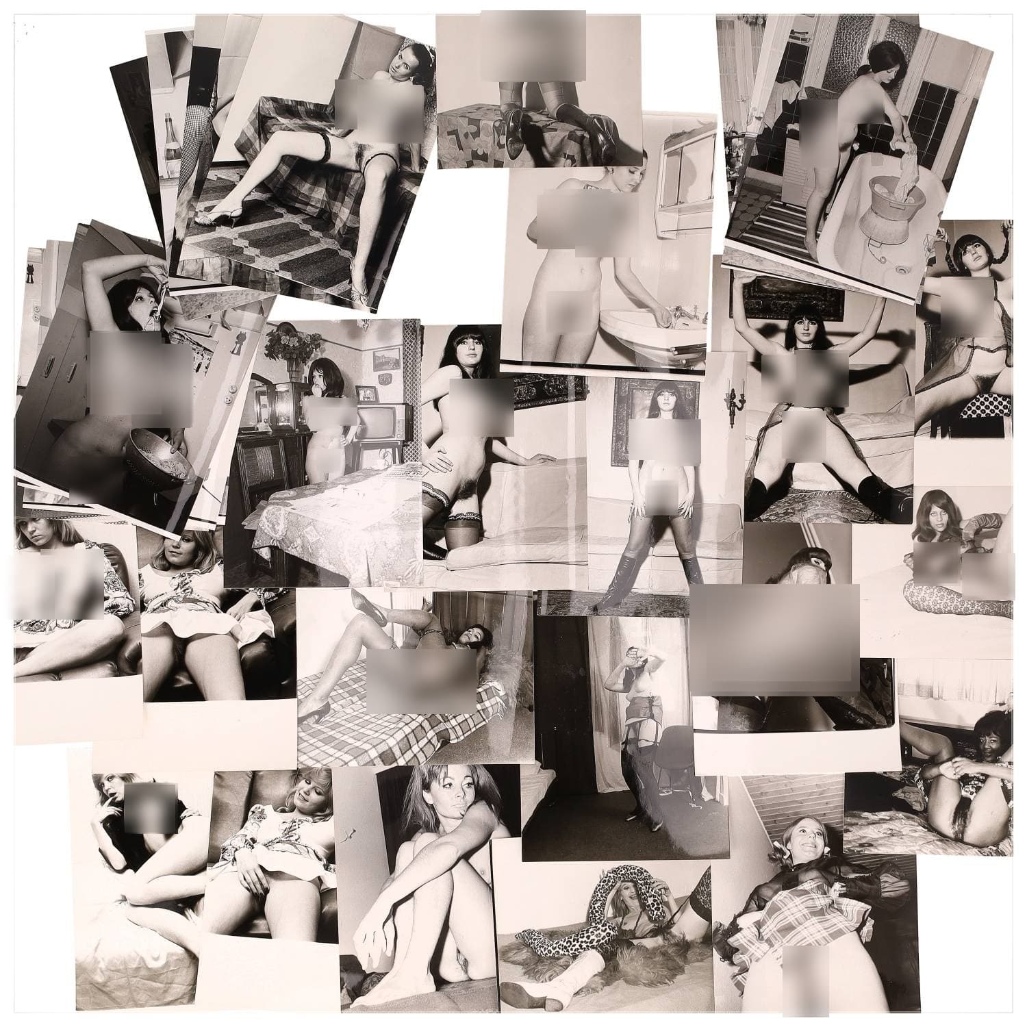 Erotica, étude de nu, photographies érotiques et divers. Circa 1950-60’s. Ensemble d’une trentaine de tirages argentiques. Exemples de sujets : femmes nues, dénudées, sexe féminin, fessier, poitrine, ‘Scandinaves’, etc. Sur certains versos, annotations. Divers états (dont gondolements, plis et traces) et formats entiers moyens environ 24 x 18 cm.