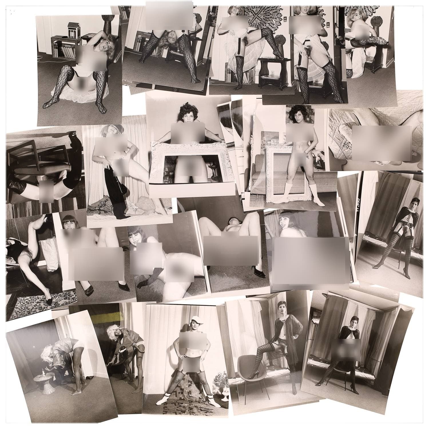 Erotica, étude de nu, photographies érotiques et divers. Circa 1950-60’s. Ensemble d’une trentaine de tirages argentiques. Exemples de sujets : femmes nues, dénudées, sexe féminin, fessier, poitrine, ‘Scandinaves’, etc. Sur certains versos, annotations. Divers états (dont gondolements, plis et traces) et formats entiers moyens environ 24 x 18 cm.