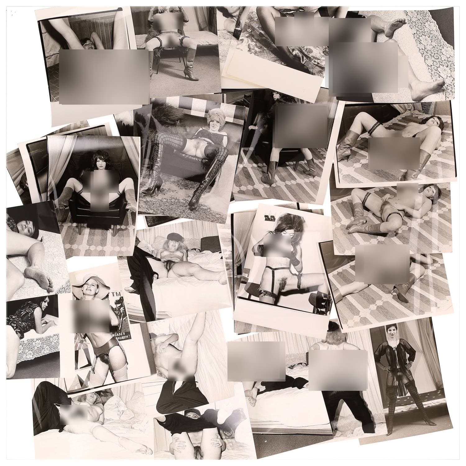 Erotica, étude de nu, photographies érotiques et divers. Circa 1950-60’s. Ensemble d’une trentaine de tirages argentiques. Exemples de sujets : femmes nues, dénudées, sexe féminin, fessier, poitrine, ‘Scandinaves’, etc. Sur certains versos, annotations. Divers états (dont gondolements, plis et traces) et formats entiers moyens environ 24 x 18 cm.