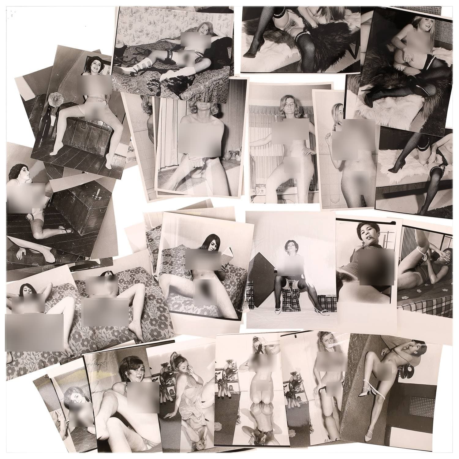 Erotica, étude de nu, photographies érotiques et divers. Circa 1950-60’s. Ensemble d’une trentaine de tirages argentiques. Exemples de sujets : femmes nues, dénudées, sexe féminin, fessier, poitrine, ‘Scandinaves’, etc. Sur certains versos, annotations. Divers états (dont gondolements, plis et traces) et formats entiers moyens environ 24 x 18 cm.