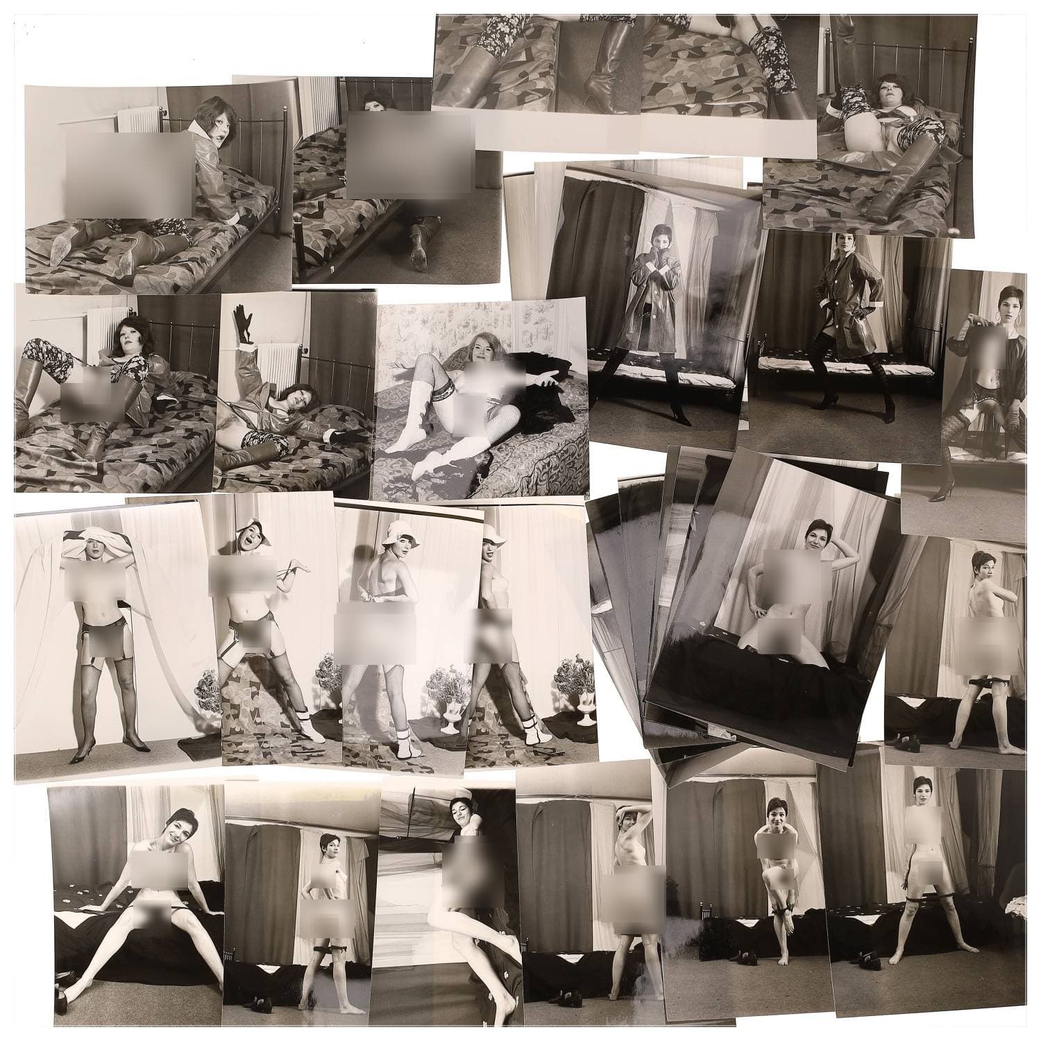 Erotica, étude de nu, photographies érotiques et divers. Circa 1950-60’s. Ensemble d’une trentaine de tirages argentiques. Exemples de sujets : femmes nues, dénudées, sexe féminin, fessier, poitrine, ‘Scandinaves’, etc. Sur certains versos, annotations. Divers états (dont gondolements, plis et traces) et formats entiers moyens environ 24 x 18 cm.