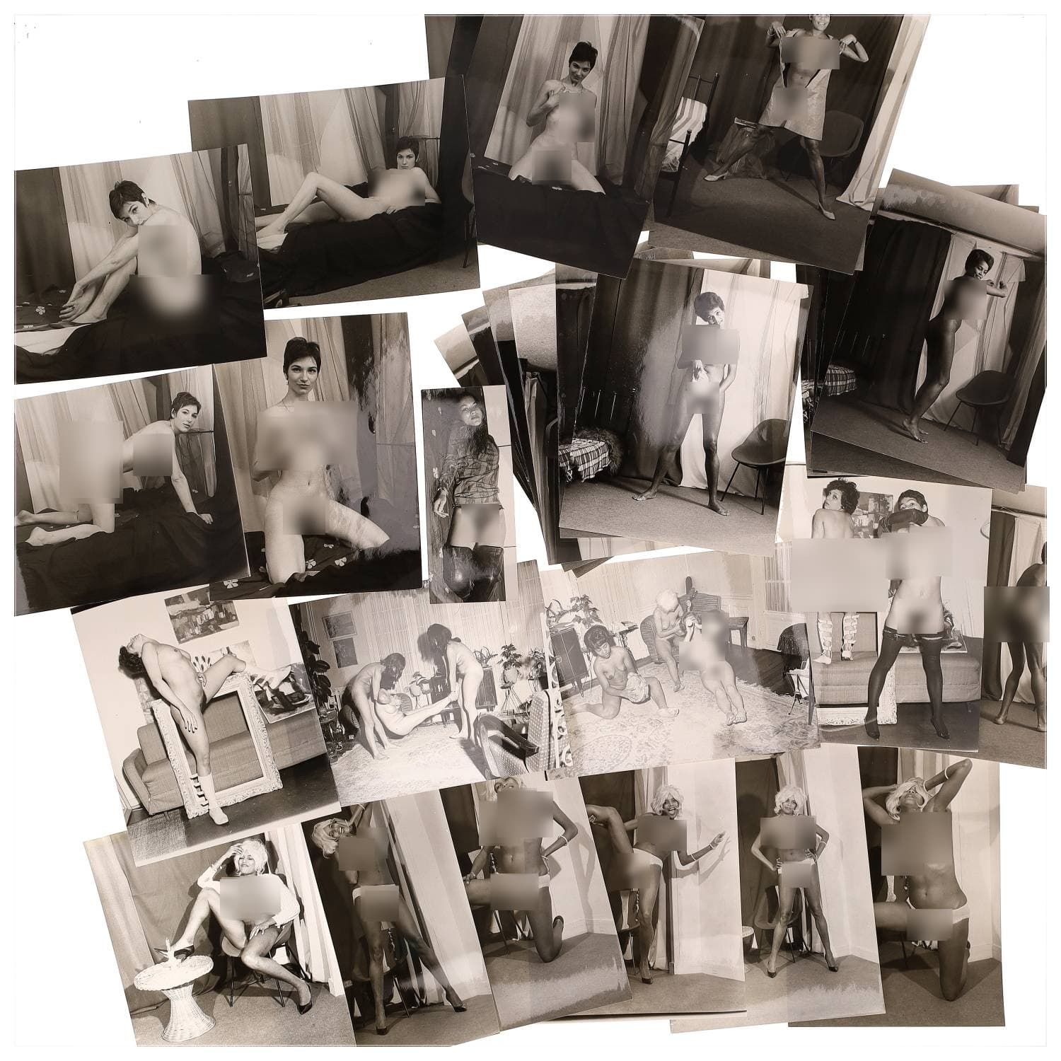 Erotica, étude de nu, photographies érotiques et divers. Circa 1950-60’s. Ensemble d’une trentaine de tirages argentiques. Exemples de sujets : femmes nues, dénudées, sexe féminin, fessier, poitrine, ‘Scandinaves’, etc. Sur certains versos, annotations. Divers états (dont gondolements, plis et traces) et formats entiers moyens environ 24 x 18 cm.