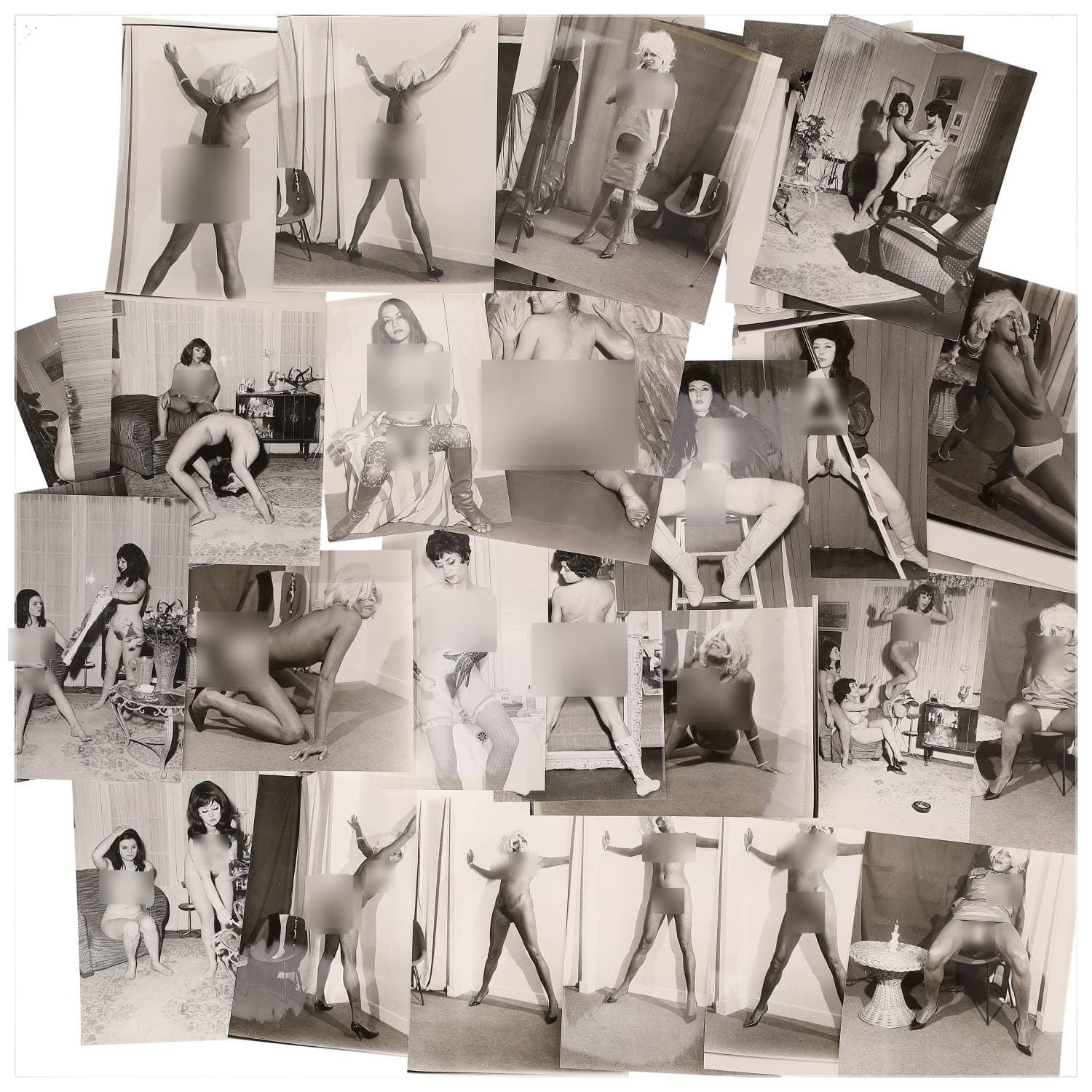 Erotica, étude de nu, photographies érotiques et divers. Circa 1950-60’s. Ensemble d’une trentaine de tirages argentiques. Exemples de sujets : femmes nues, dénudées, sexe féminin, fessier, poitrine, ‘Scandinaves’, etc. Sur certains versos, annotations. Divers états (dont gondolements, plis et traces) et formats entiers moyens environ 24 x 18 cm.