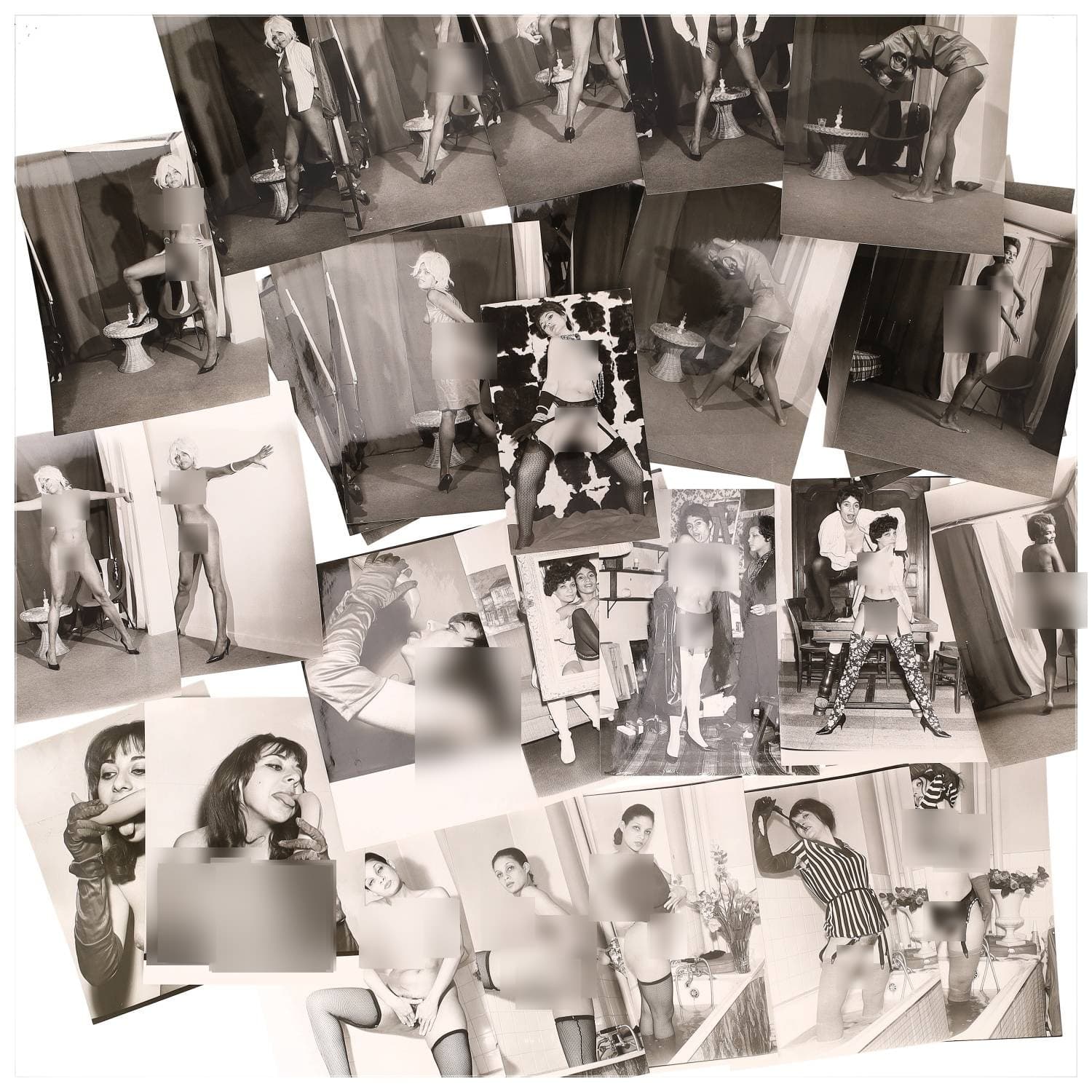 Erotica, étude de nu, photographies érotiques et divers. Circa 1950-60’s. Ensemble d’une trentaine de tirages argentiques. Exemples de sujets : femmes nues, dénudées, sexe féminin, fessier, poitrine, ‘Scandinaves’, etc. Sur certains versos, annotations. Divers états (dont gondolements, plis et traces) et formats entiers moyens environ 24 x 18 cm.