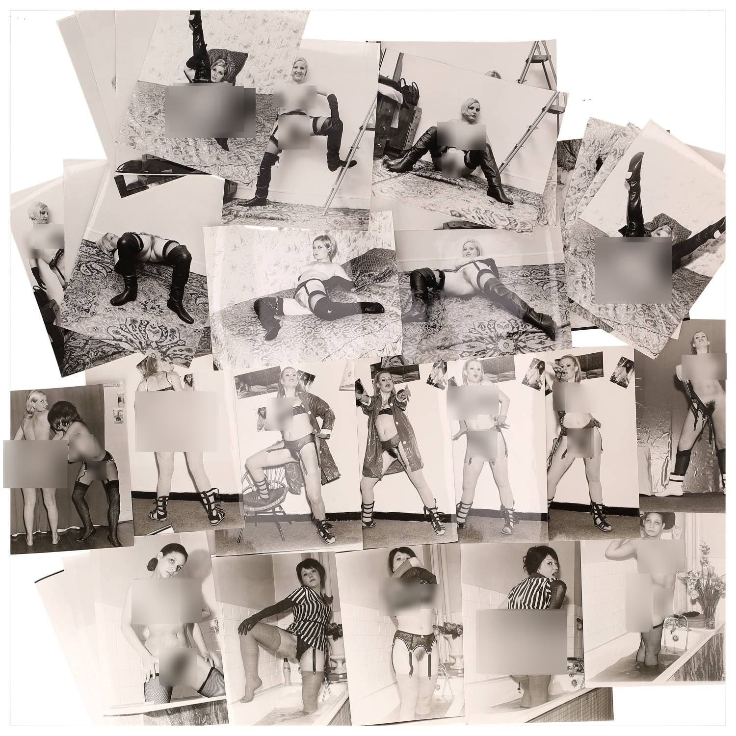 Erotica, étude de nu, photographies érotiques et divers. Circa 1950-60’s. Ensemble d’une trentaine de tirages argentiques. Exemples de sujets : femmes nues, dénudées, sexe féminin, fessier, poitrine, ‘Scandinaves’, etc. Sur certains versos, annotations. Divers états (dont gondolements, plis et traces) et formats entiers moyens environ 24 x 18 cm.