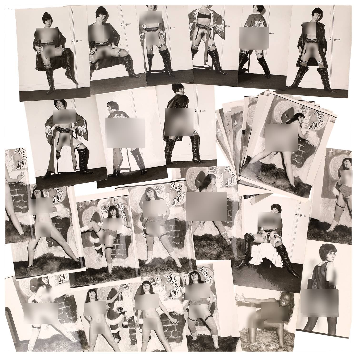 Erotica, étude de nu, photographies érotiques et divers. Circa 1950-60’s. Ensemble d’une trentaine de tirages argentiques. Exemples de sujets : femmes nues, dénudées, sexe féminin, fessier, poitrine, ‘Scandinaves’, etc. Sur certains versos, annotations. Divers états (dont gondolements, plis et traces) et formats entiers moyens environ 24 x 18 cm.
