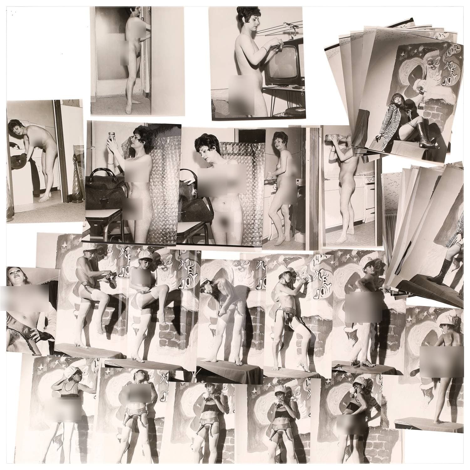 Erotica, étude de nu, photographies érotiques et divers. Circa 1950-60’s. Ensemble d’une trentaine de tirages argentiques. Exemples de sujets : femmes nues, dénudées, sexe féminin, fessier, poitrine, ‘Scandinaves’, etc. Sur certains versos, annotations. Divers états (dont gondolements, plis et traces) et formats entiers moyens environ 24 x 18 cm.