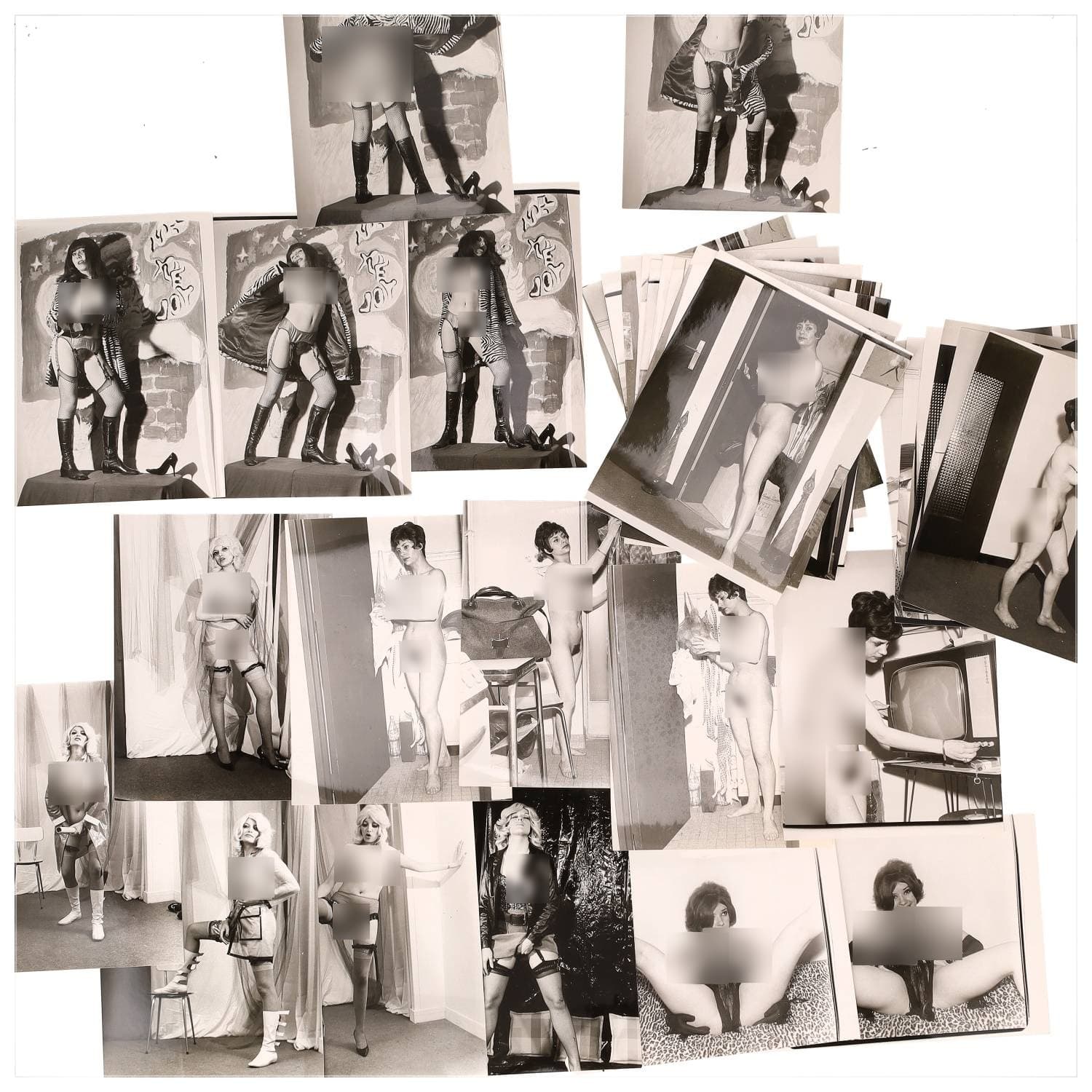 Erotica, étude de nu, photographies érotiques et divers. Circa 1950-60’s. Ensemble d’une trentaine de tirages argentiques. Exemples de sujets : femmes nues, dénudées, sexe féminin, fessier, poitrine, ‘Scandinaves’, etc. Sur certains versos, annotations. Divers états (dont gondolements, plis et traces) et formats entiers moyens environ 24 x 18 cm.