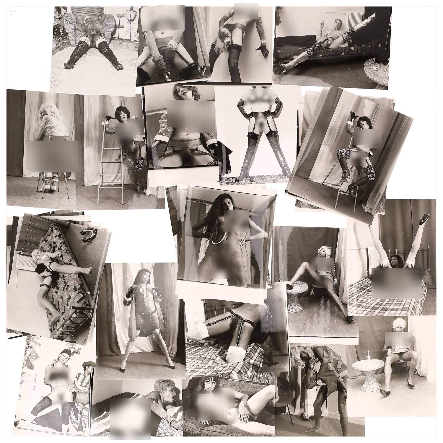 Erotica, étude de nu, photographies érotiques et divers. Circa 1950-60’s. Ensemble d’une trentaine de tirages argentiques. Exemples de sujets : femmes nues, dénudées, sexe féminin, fessier, poitrine, ‘Scandinaves’, etc. Sur certains versos, annotations. Divers états (dont gondolements, plis et traces) et formats entiers moyens environ 24 x 18 cm.
