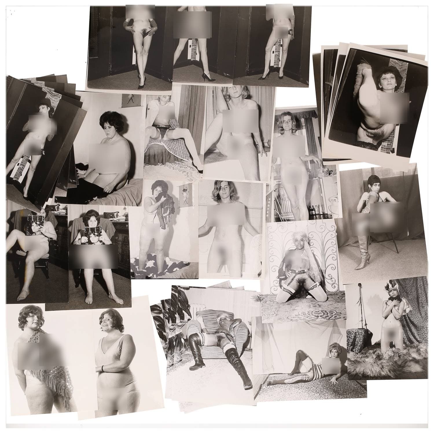 Erotica, étude de nu, photographies érotiques et divers. Circa 1950-60’s. Ensemble d’une trentaine de tirages argentiques. Exemples de sujets : femmes nues, dénudées, sexe féminin, fessier, poitrine, ‘Scandinaves’, etc. Sur certains versos, annotations. Divers états (dont gondolements, plis et traces) et formats entiers moyens environ 24 x 18 cm.