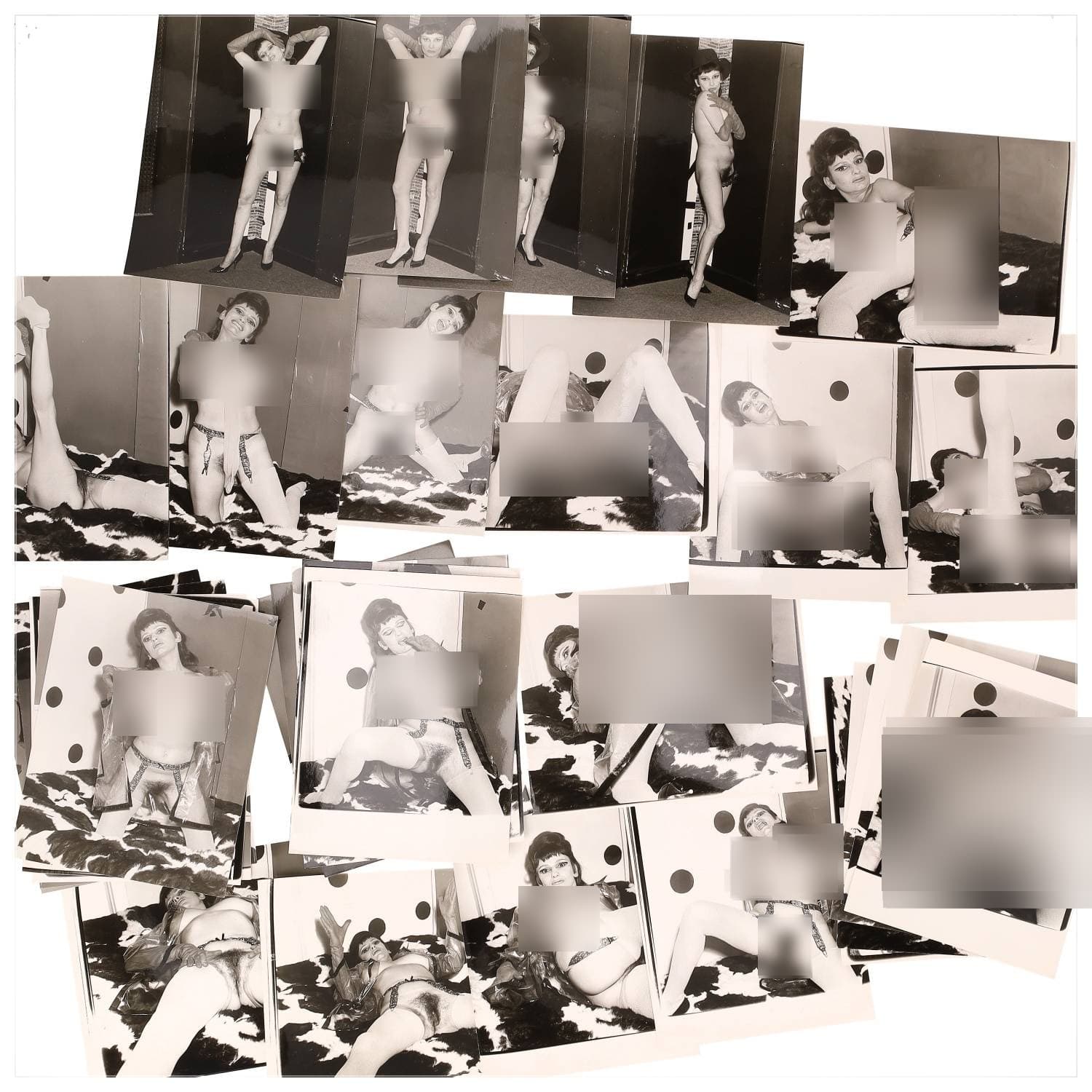 Erotica, étude de nu, photographies érotiques et divers. Circa 1950-60’s. Ensemble d’une trentaine de tirages argentiques. Exemples de sujets : femmes nues, dénudées, sexe féminin, fessier, poitrine, ‘Scandinaves’, etc. Sur certains versos, annotations. Divers états (dont gondolements, plis et traces) et formats entiers moyens environ 24 x 18 cm.