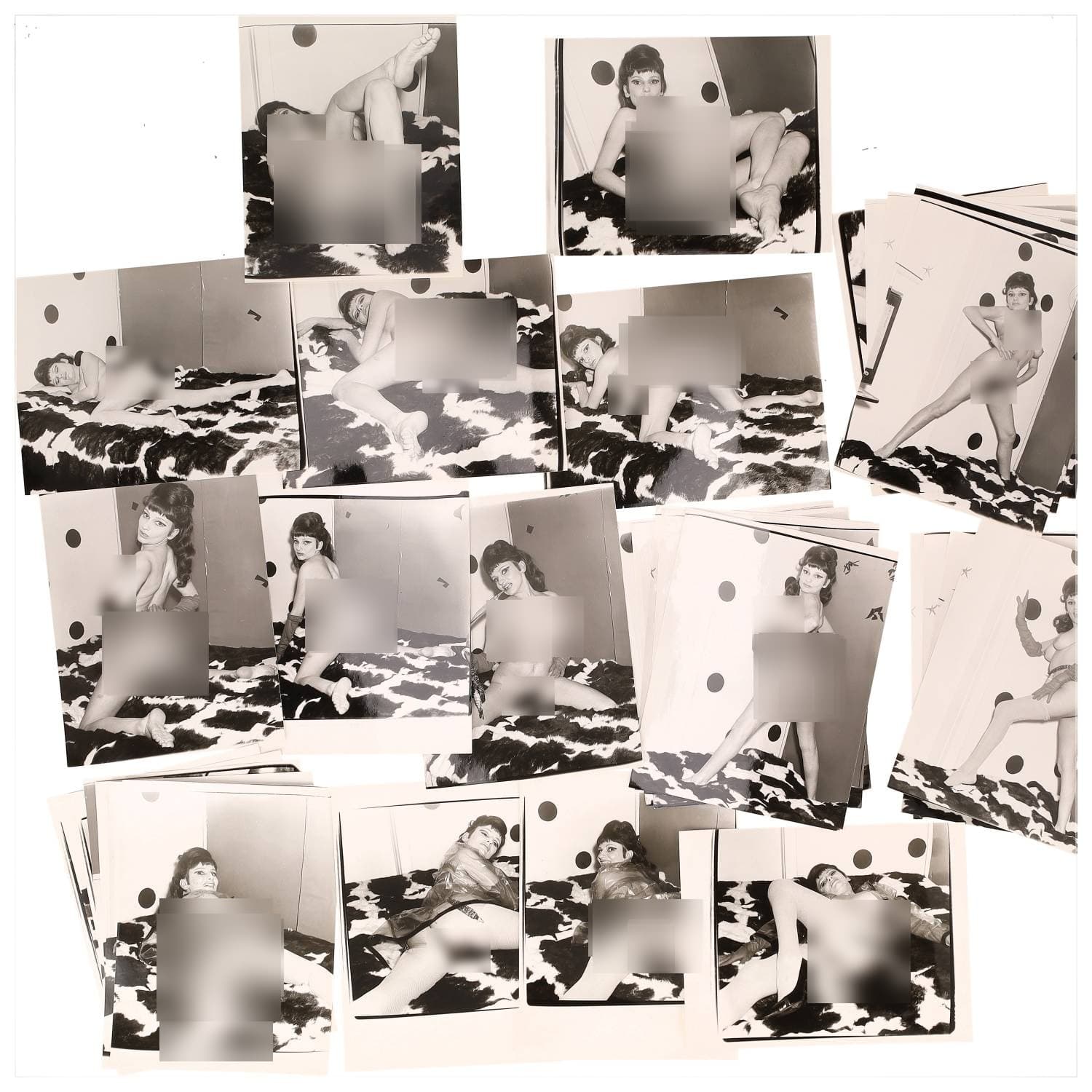 Erotica, étude de nu, photographies érotiques et divers. Circa 1950-60’s. Ensemble d’une trentaine de tirages argentiques. Exemples de sujets : femmes nues, dénudées, sexe féminin, fessier, poitrine, ‘Scandinaves’, etc. Sur certains versos, annotations. Divers états (dont gondolements, plis et traces) et formats entiers moyens environ 24 x 18 cm.