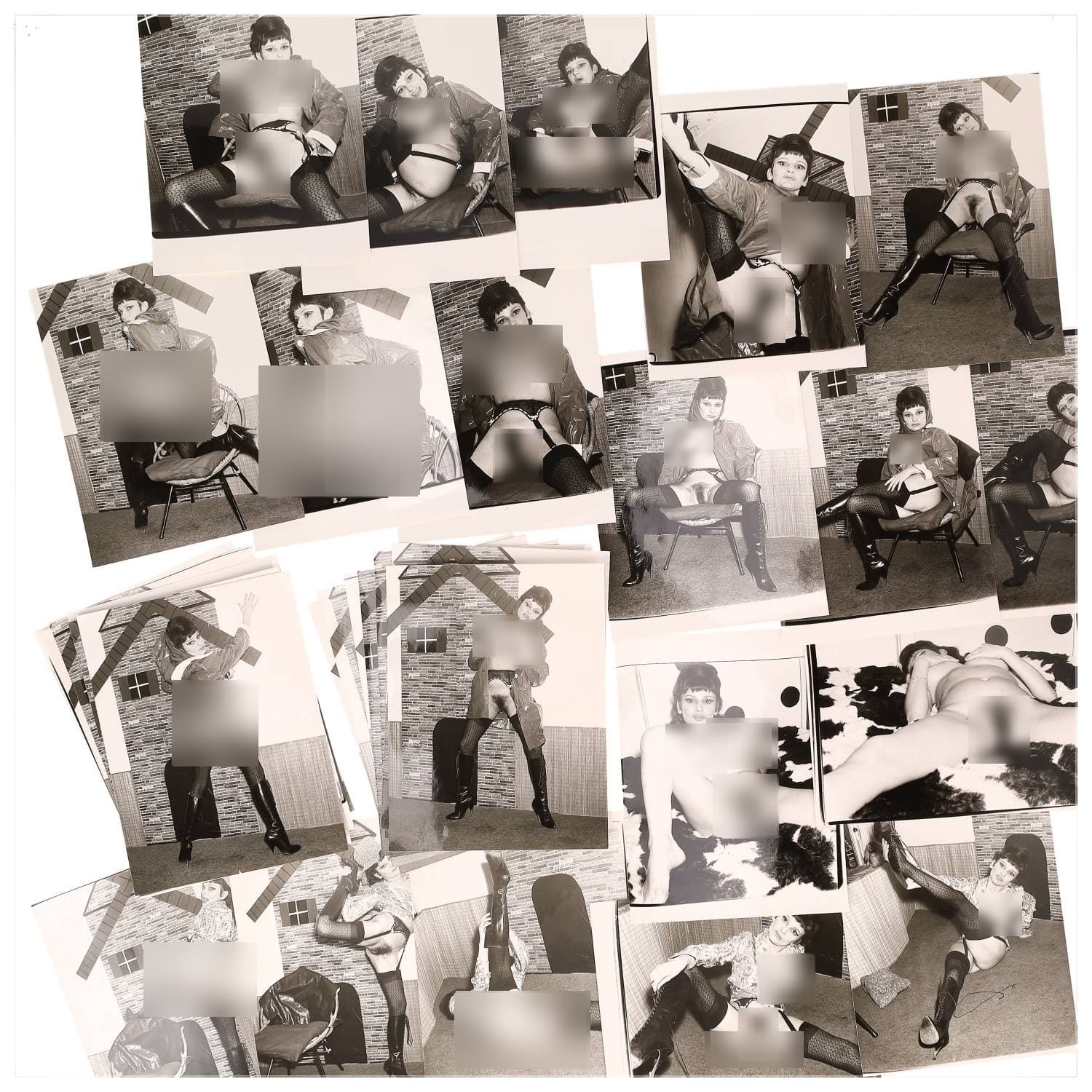 Erotica, étude de nu, photographies érotiques et divers. Circa 1950-60’s. Ensemble d’une trentaine de tirages argentiques. Exemples de sujets : femmes nues, dénudées, sexe féminin, fessier, poitrine, ‘Scandinaves’, etc. Sur certains versos, annotations. Divers états (dont gondolements, plis et traces) et formats entiers moyens environ 24 x 18 cm.
