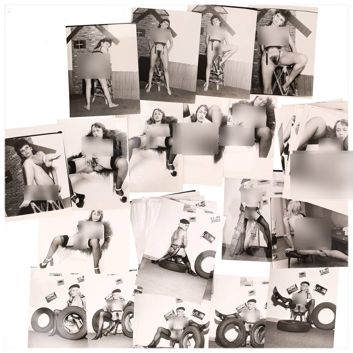 Erotica, étude de nu, photographies érotiques et divers. Circa 1950-60’s. Ensemble d’une trentaine de tirages argentiques. Exemples de sujets : femmes nues, dénudées, sexe féminin, fessier, poitrine, ‘Scandinaves’, etc. Sur certains versos, annotations. Divers états (dont gondolements, plis et traces) et formats entiers moyens environ 24 x 18 cm.