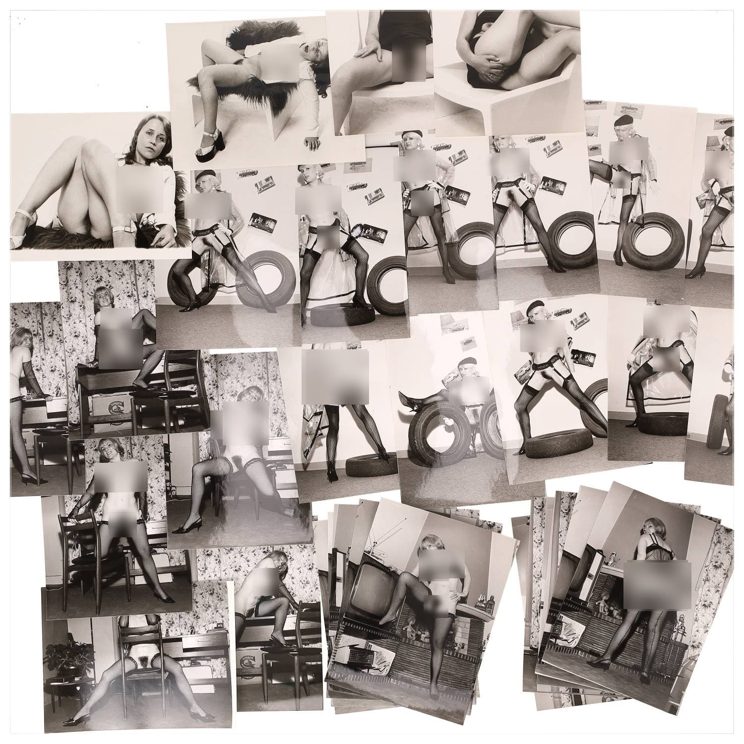 Erotica, étude de nu, photographies érotiques et divers. Circa 1950-60’s. Ensemble d’une trentaine de tirages argentiques. Exemples de sujets : femmes nues, dénudées, sexe féminin, fessier, poitrine, ‘Scandinaves’, etc. Sur certains versos, annotations. Divers états (dont gondolements, plis et traces) et formats entiers moyens environ 24 x 18 cm.