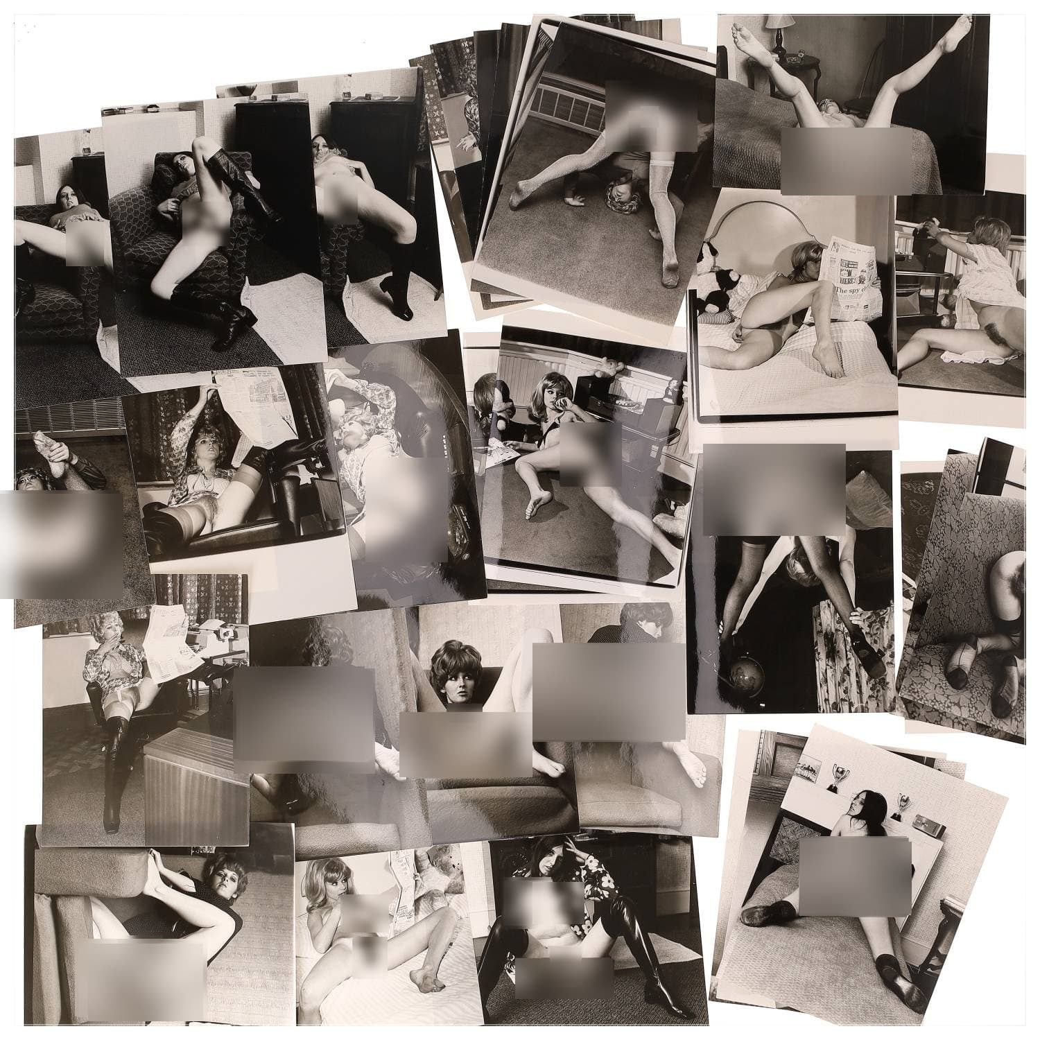 Erotica, étude de nu, photographies érotiques et divers. Circa 1950-60’s. Ensemble d’une trentaine de tirages argentiques. Exemples de sujets : femmes nues, dénudées, sexe féminin, fessier, poitrine, ‘Scandinaves’, etc. Sur certains versos, annotations. Divers états (dont gondolements, plis et traces) et formats entiers moyens environ 24 x 18 cm.