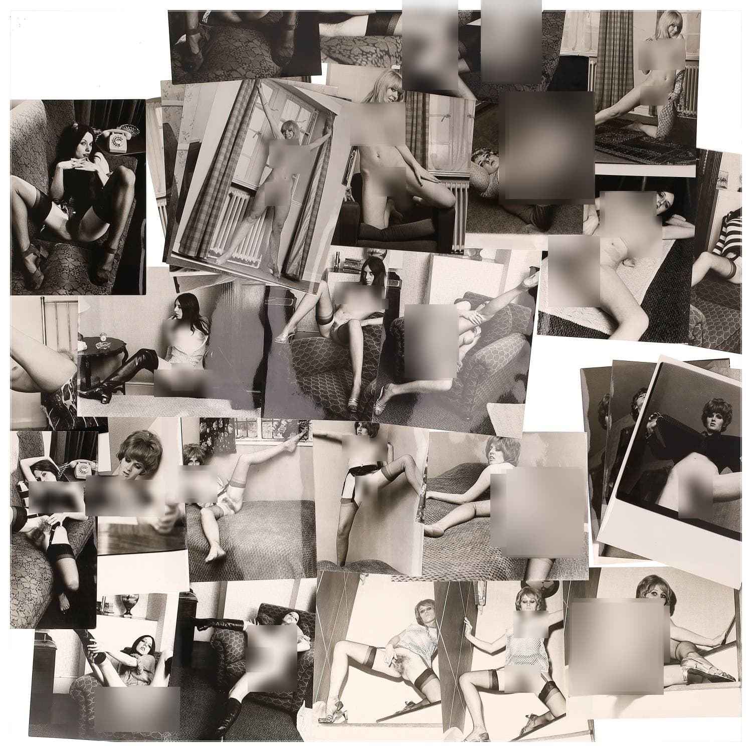 Erotica, étude de nu, photographies érotiques et divers. Circa 1950-60’s. Ensemble d’une trentaine de tirages argentiques. Exemples de sujets : femmes nues, dénudées, sexe féminin, fessier, poitrine, ‘Scandinaves’, etc. Sur certains versos, annotations. Divers états (dont gondolements, plis et traces) et formats entiers moyens environ 24 x 18 cm.