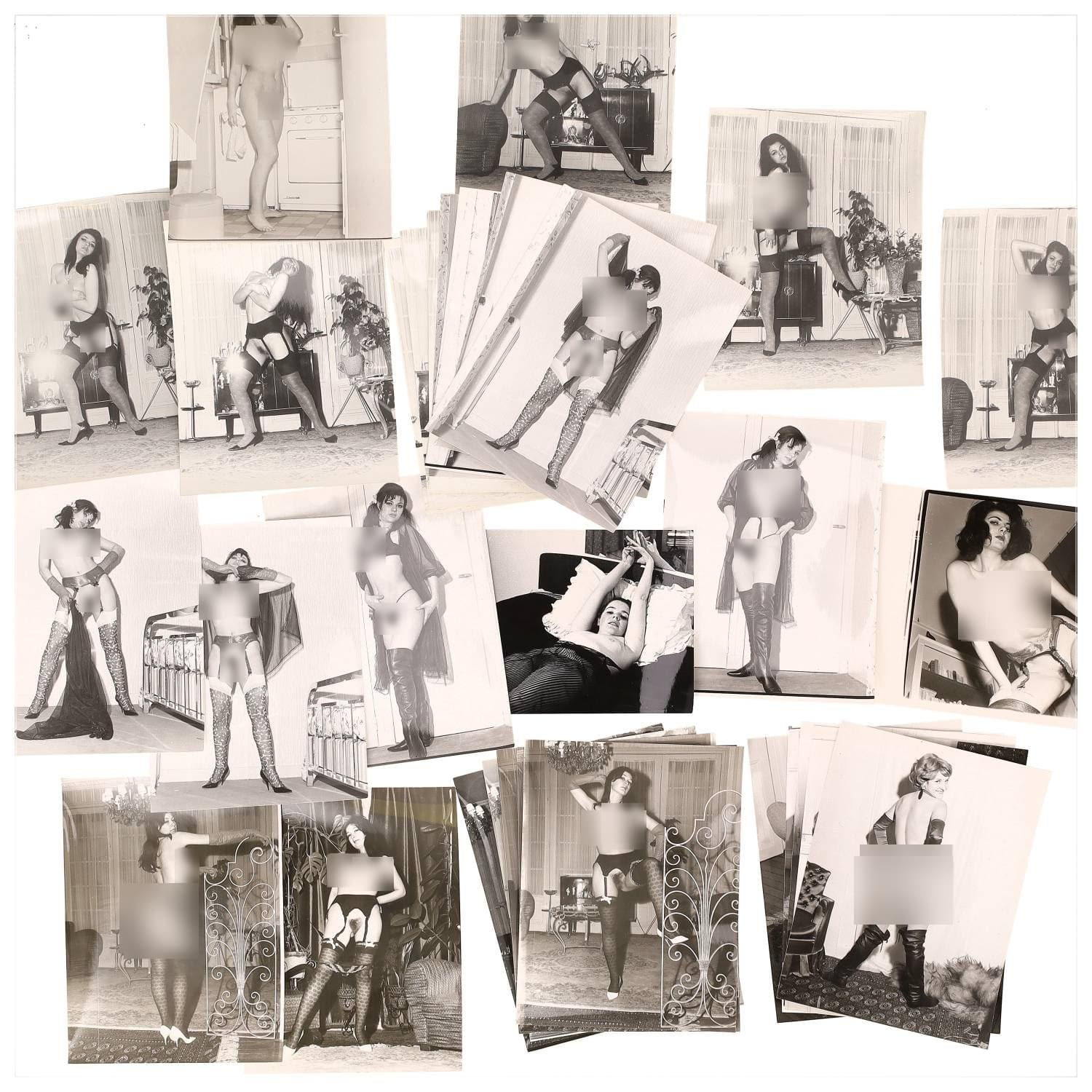 Erotica, étude de nu, photographies érotiques et divers. Circa 1950-60’s. Ensemble d’une trentaine de tirages argentiques. Exemples de sujets : femmes nues, dénudées, sexe féminin, fessier, poitrine, ‘Scandinaves’, etc. Sur certains versos, annotations. Divers états (dont gondolements, plis et traces) et formats entiers moyens environ 24 x 18 cm.
