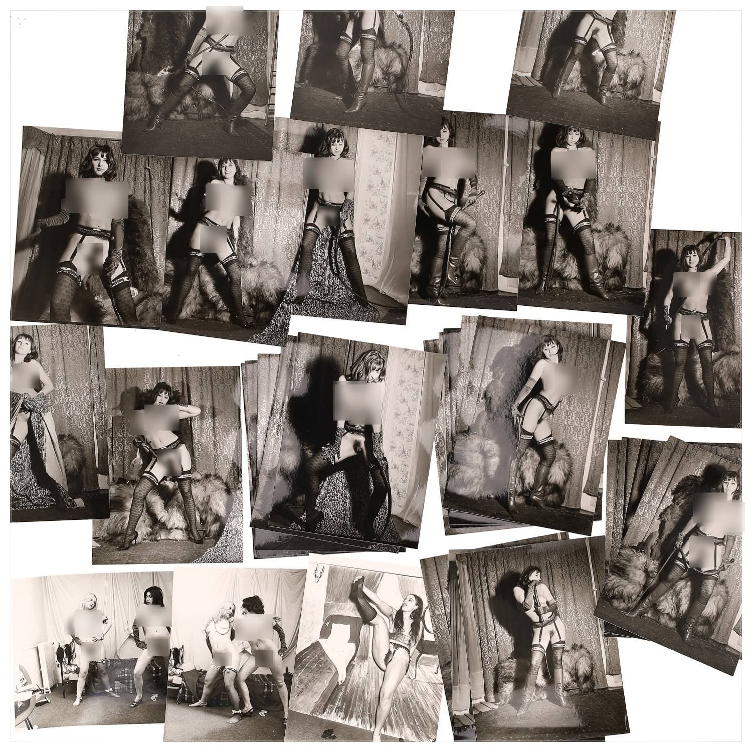 Erotica, étude de nu, photographies érotiques et divers. Circa 1950-60’s. Ensemble d’une trentaine de tirages argentiques. Exemples de sujets : femmes nues, dénudées, sexe féminin, fessier, poitrine, ‘Scandinaves’, etc. Sur certains versos, annotations. Divers états (dont gondolements, plis et traces) et formats entiers moyens environ 24 x 18 cm.