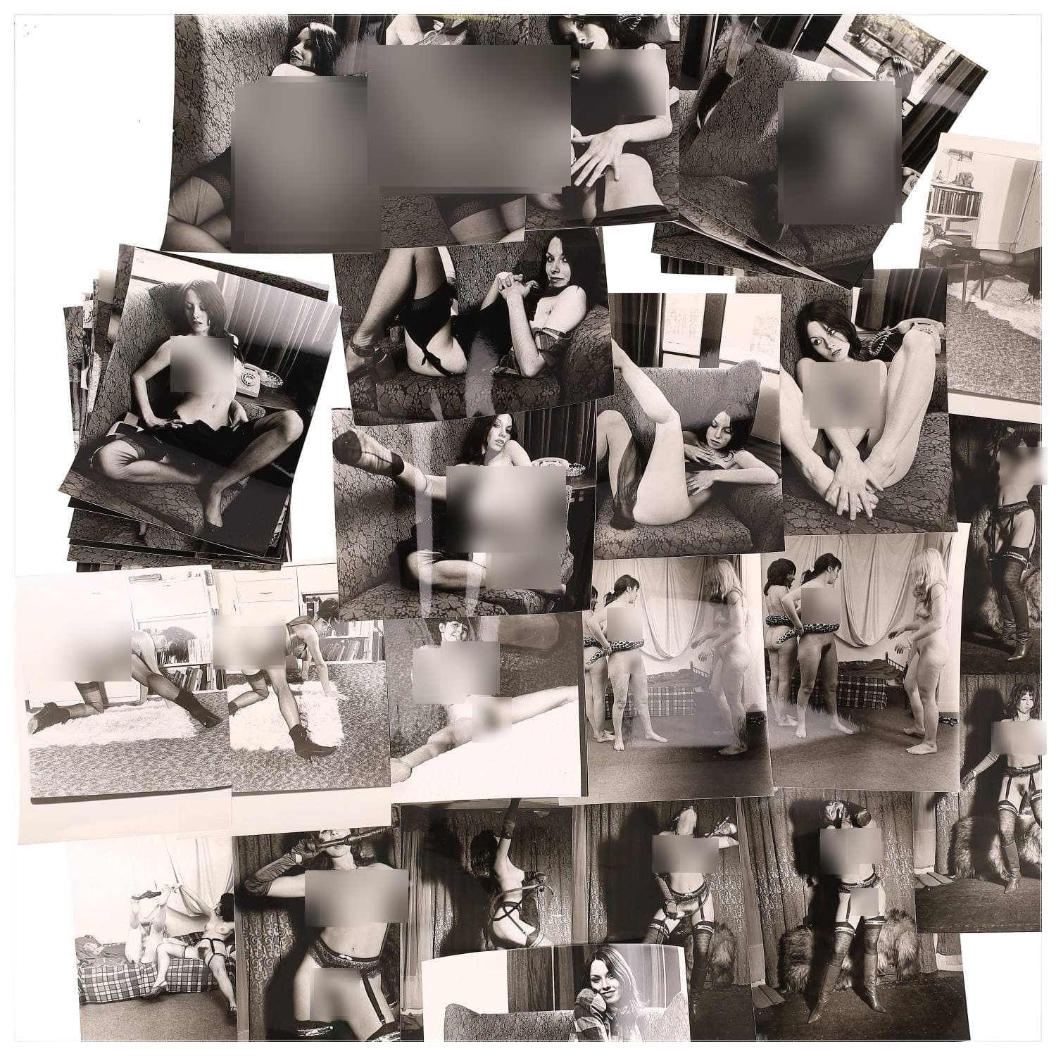 Erotica, étude de nu, photographies érotiques et divers. Circa 1950-60’s. Ensemble d’une trentaine de tirages argentiques. Exemples de sujets : femmes nues, dénudées, sexe féminin, fessier, poitrine, ‘Scandinaves’, etc. Sur certains versos, annotations. Divers états (dont gondolements, plis et traces) et formats entiers moyens environ 24 x 18 cm.