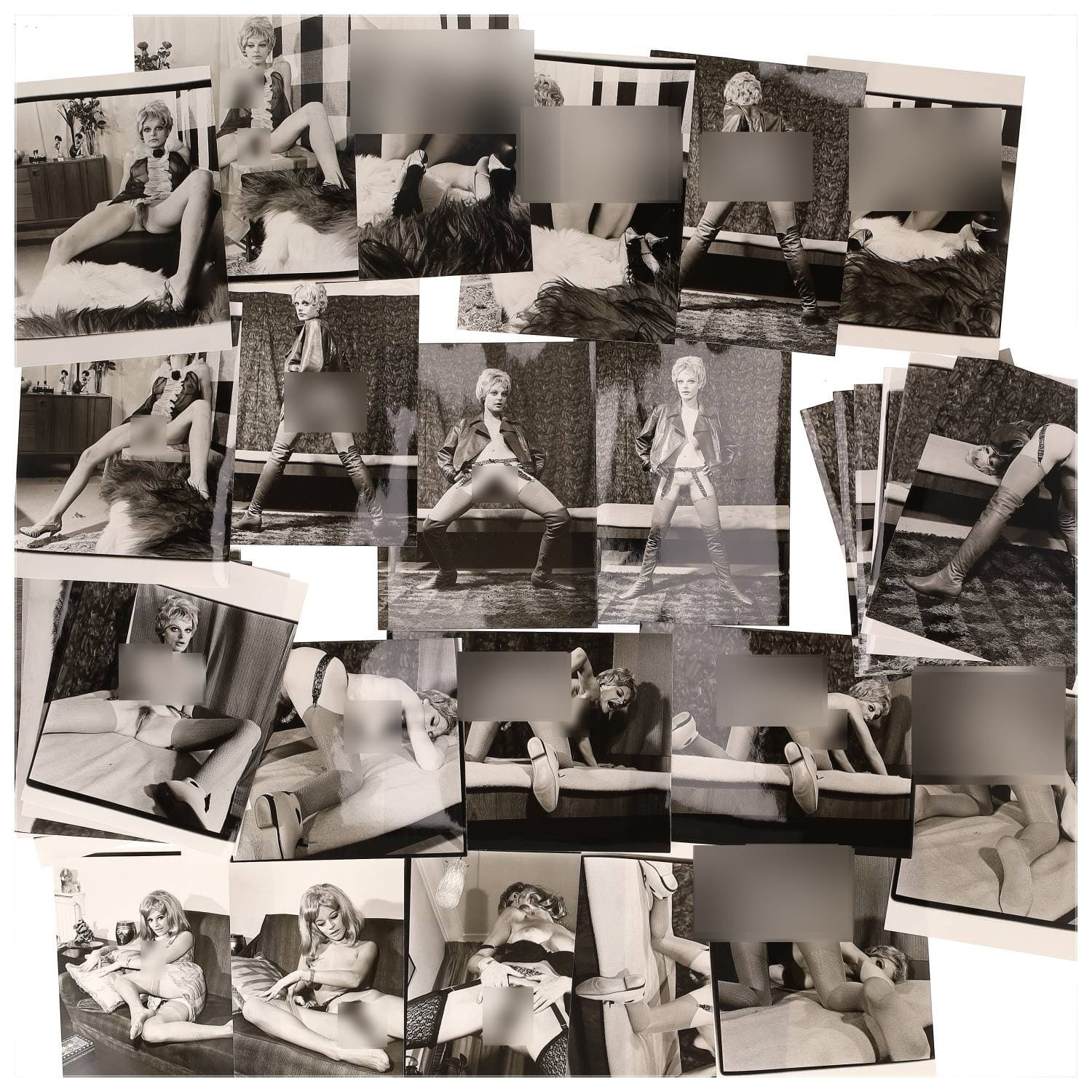 Erotica, étude de nu, photographies érotiques et divers. Circa 1950-60’s. Ensemble d’une trentaine de tirages argentiques. Exemples de sujets : femmes nues, dénudées, sexe féminin, fessier, poitrine, ‘Scandinaves’, etc. Sur certains versos, annotations. Divers états (dont gondolements, plis et traces) et formats entiers moyens environ 24 x 18 cm.