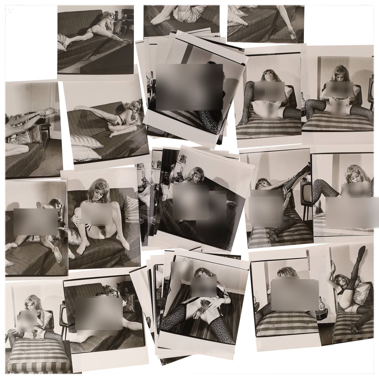 Erotica, étude de nu, photographies érotiques et divers. Circa 1950-60’s. Ensemble d’une trentaine de tirages argentiques. Exemples de sujets : femmes nues, dénudées, sexe féminin, fessier, poitrine, ‘Scandinaves’, etc. Sur certains versos, annotations. Divers états (dont gondolements, plis et traces) et formats entiers moyens environ 24 x 18 cm.