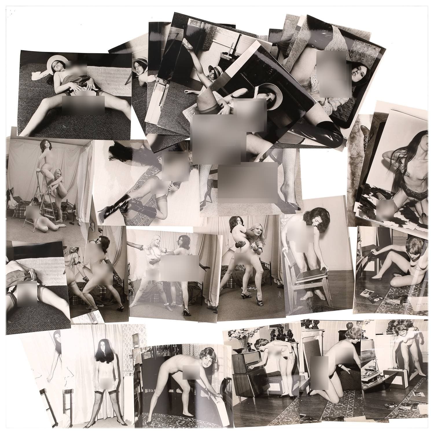 Erotica, étude de nu, photographies érotiques et divers. Circa 1950-60’s. Ensemble d’une trentaine de tirages argentiques. Exemples de sujets : femmes nues, dénudées, sexe féminin, fessier, poitrine, ‘Scandinaves’, etc. Sur certains versos, annotations. Divers états (dont gondolements, plis et traces) et formats entiers moyens environ 24 x 18 cm.